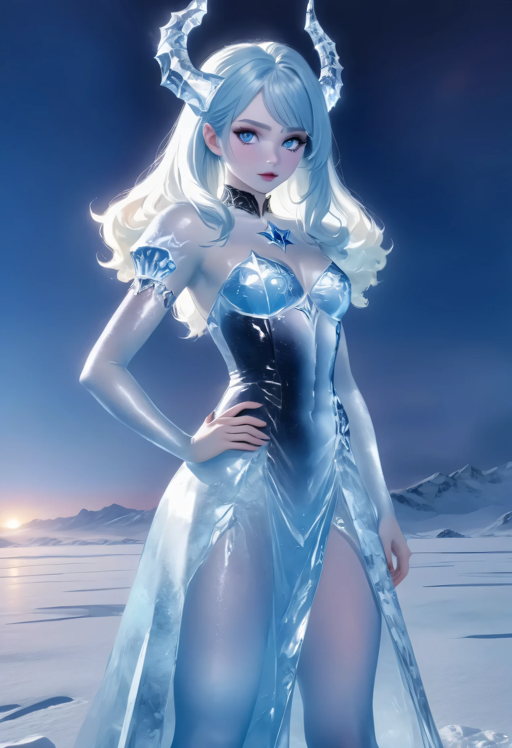 (8k, highest quality, masterpiece: 1.2), (realistic, realistic: 1.37), Super detailed, ((an ice female sexy demon:1))、Standing in the frozen snow field、Witch wearing pale armor, ((sexy costume:1)), SEXY female devil, ((aurora in the night sky)),  ((pale blue skin:1))