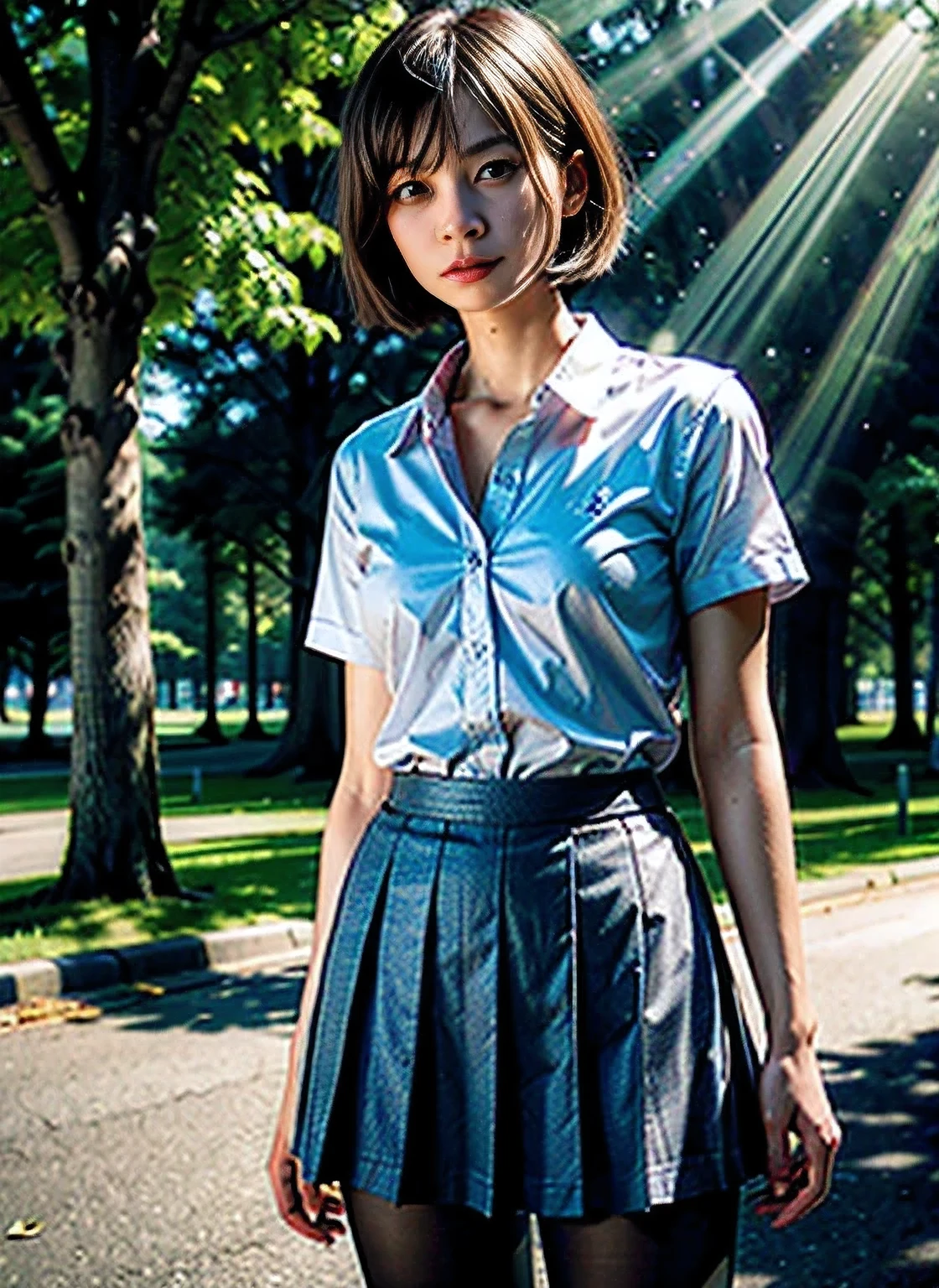Lakeside park with sunlight shining through the trees, (school uniform, shirt, skirt),  japanese girl, , skinny body, flat chest, gray bob cut, extremely ultra detailed face, extremely ultra real skin, extremely ultra detailed eyes, (masterpiece, best quality:1.2), octane rendering, (8k, uhd, ultra high res), extremely ultra detailed real texture, professional lighting, (realistic:1.3), (RAW photo:1.2), (photorealistic:1.5)
