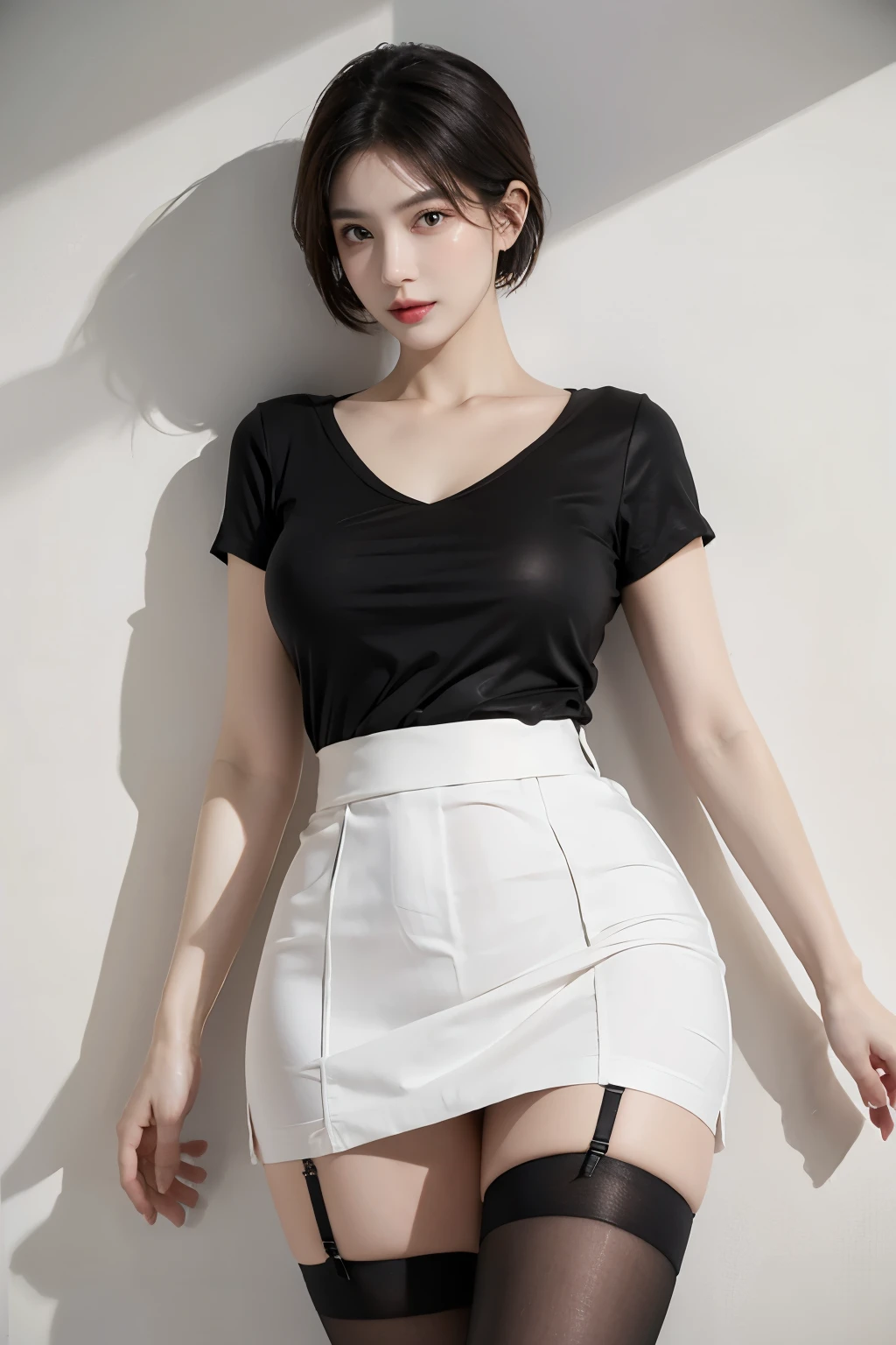 (realistic)), ultra high resolution, soft light,1 female, hip up, glowing skin, (detailed face), secretary uniform, white shirt, black skirt, black stockings, garter belt, night, short hair,Fascinating eyes,perfect style, artistic composition, (fine skin), (realistic顔),(realistic肌),sexy pose,(cute face),My nipples are erect,Detailed skin
