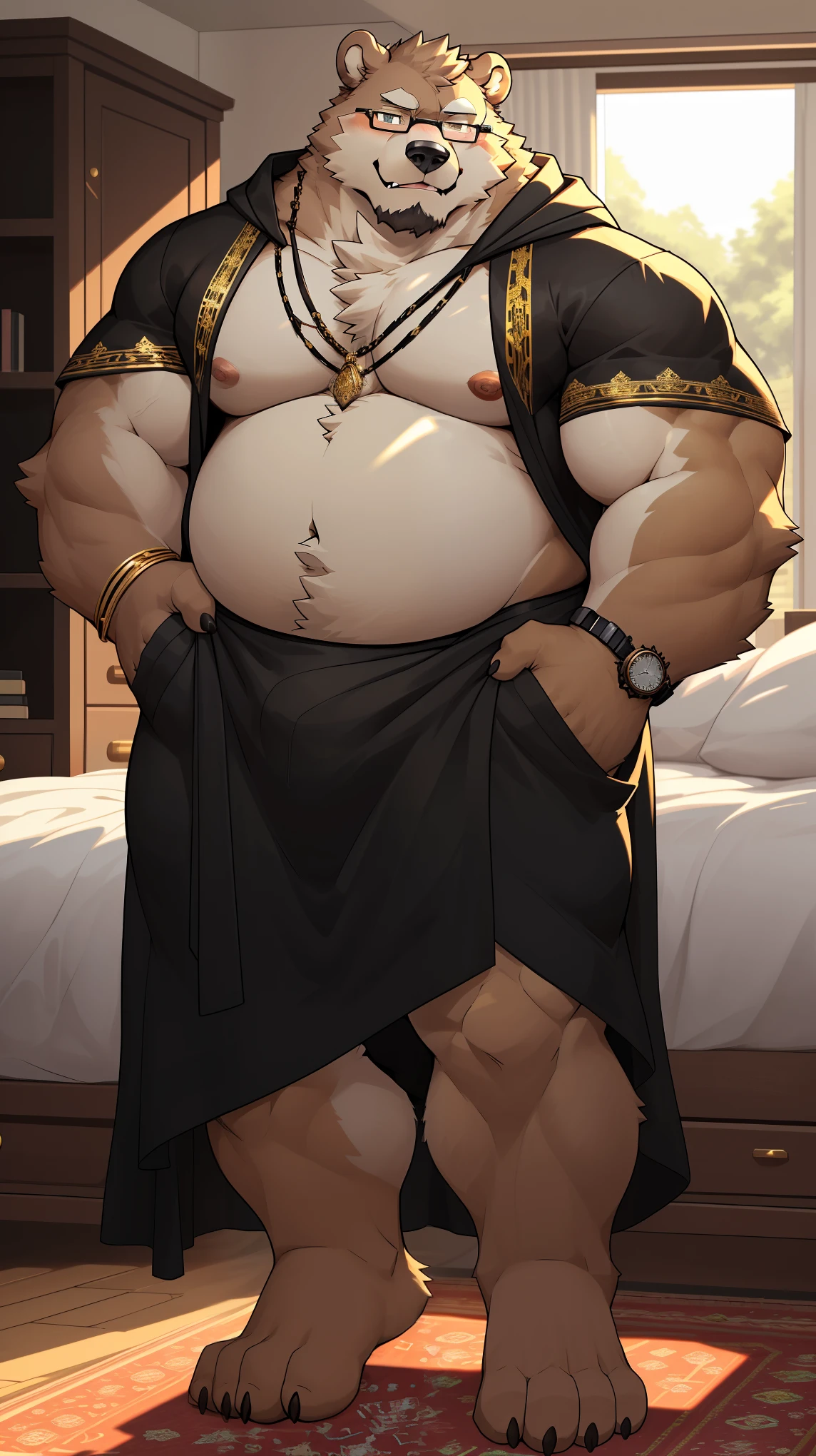2D,Bear,灰Bear,Black and gold robes,four corners,Big crotch bag,modern,Glasses,watch,pocket,bedroom,Room,reasonable action,random action,cabinet,sundry,carpet,Translucent legs,ghost state,looking at you,golden pupils,Crude,barefoot,Slightly fat,tall body,bel,octane rendering,gorgeous features,exquisite eyes,intricate outfits,Detailed face,Perfect skin texture,author:Takemoto Arashi,