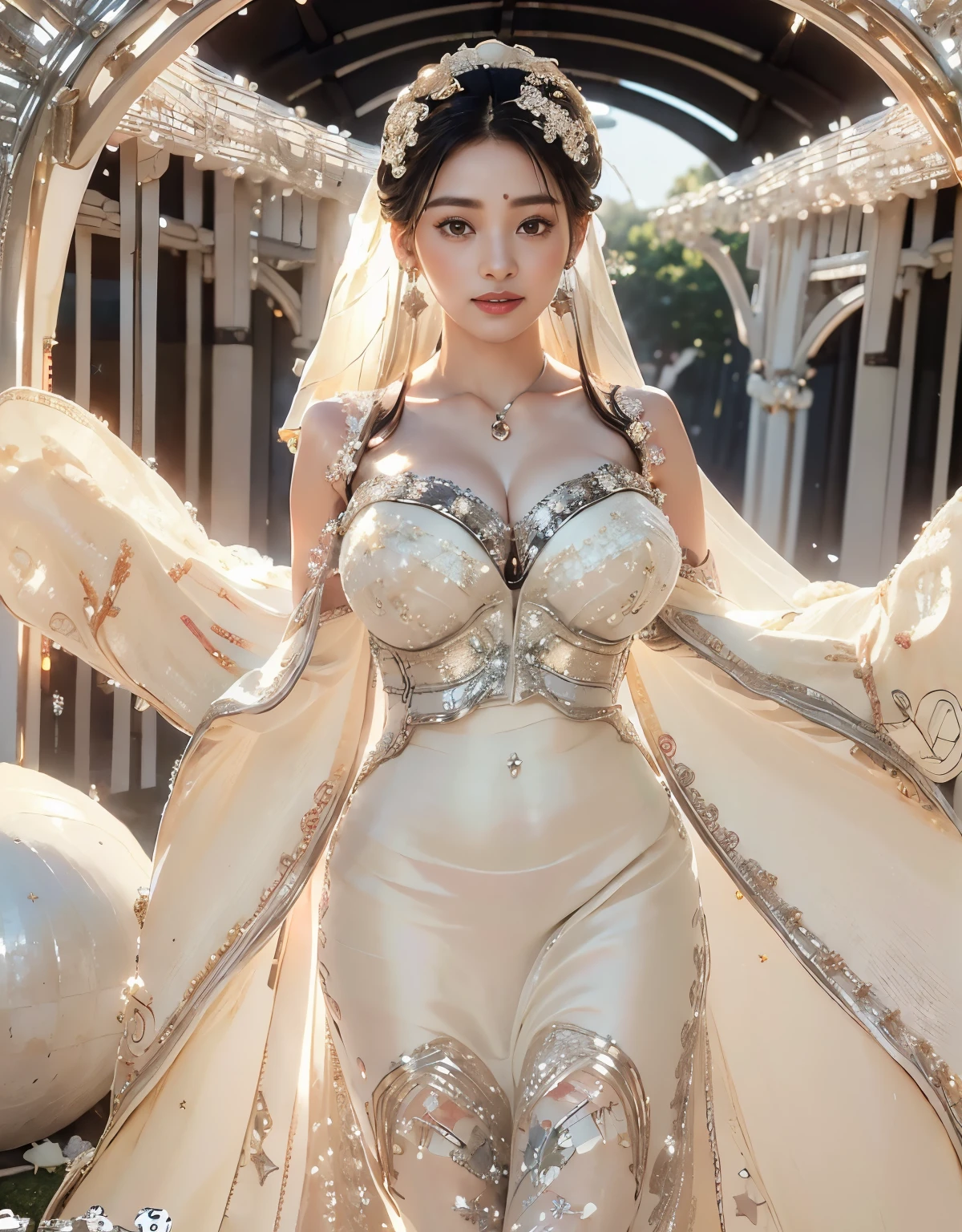 ultra realistic 8k cg, flawless, clean, masterpiece, professional artwork, famous artwork, cinematic lighting, cinematic bloom, perfect face, beautiful face, fantasy, dreamlike, unreal engine 5, science fiction, lace, lace trim, lace-trimmed legwear, luxury, jewelry, diamond, gold, pearl, gem, sapphire, ruby, emerald, intricate detail, delicate pattern, charming, alluring, seductive, erotic, enchanting, hair ornament, necklace, earrings, bracelet, armlet,halo,autumn.
((,1girl, pov,best quality,)) ,((((,1girl, solo, huge fake breasts:1.5, armor dress, half body, looking at viewer, standing))))
