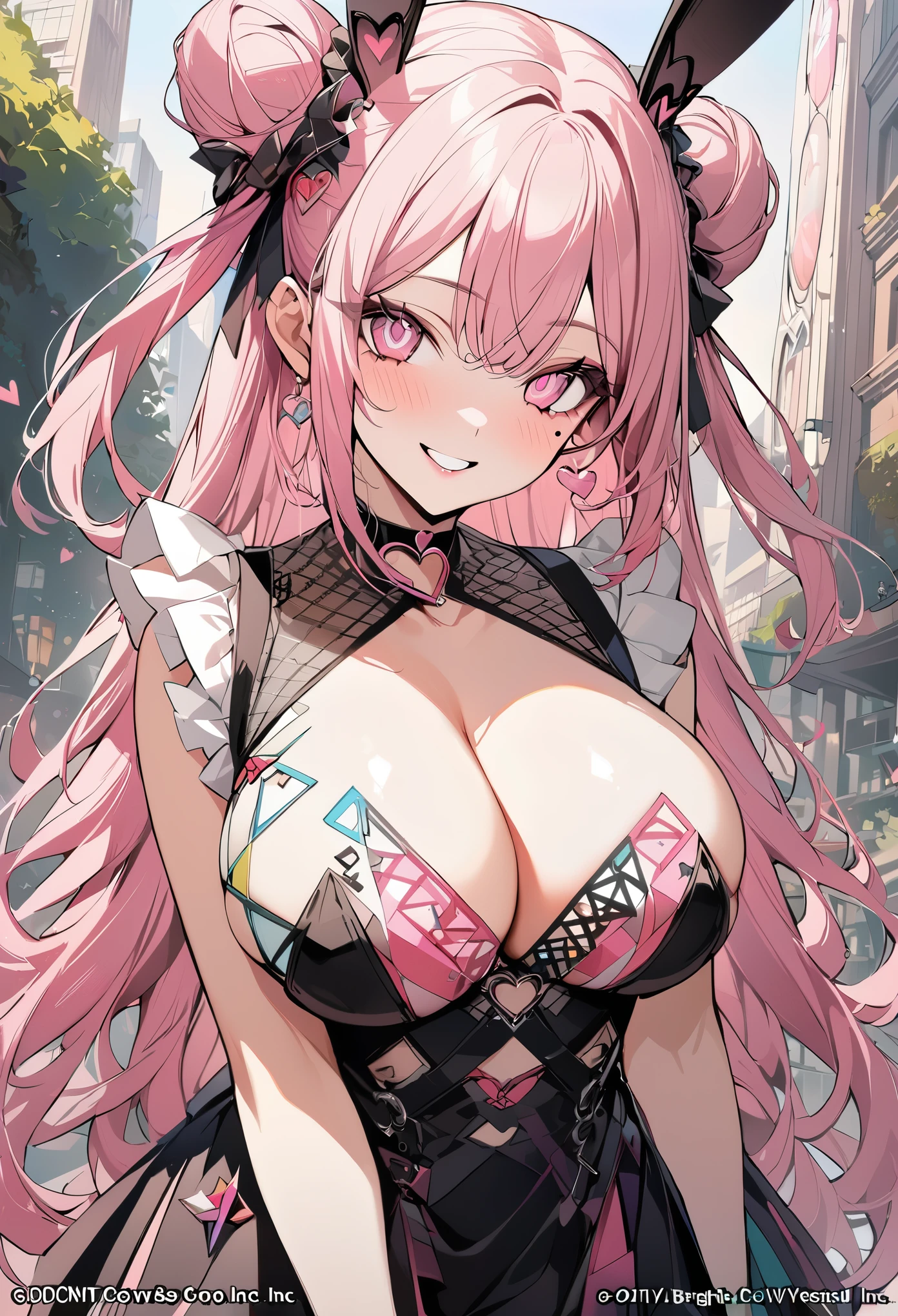 1 girl, pink long bun hair, heart shaped eyes, ♡, rabbit ear idol, {girl with pink bun bob hair、 named Nami}, (Pink eye color), {downtown}, (smile), bright background , mole under eye, heart shaped choker, (masterpiece, highest quality), very detailed, highest quality, official art, beautiful and aesthetic: 1.2), (1 girl), very detailed, (geometry art: 1.3), colorful, most detailed ?d1 girl, pink long bun hair, Eye of the symbol, +__+, big breasts, gothic costume, {A girl with long pink bun hair named Nami}, (Pink eye color), {downtown}, (smile), bright background, (garden,beautiful flower々),mole under eye, heart shaped choker, (masterpiece, highest quality), official art, beautiful and aesthetic: 1.2), (1 girl), very detailed, (geometry art: 1.3), colorful