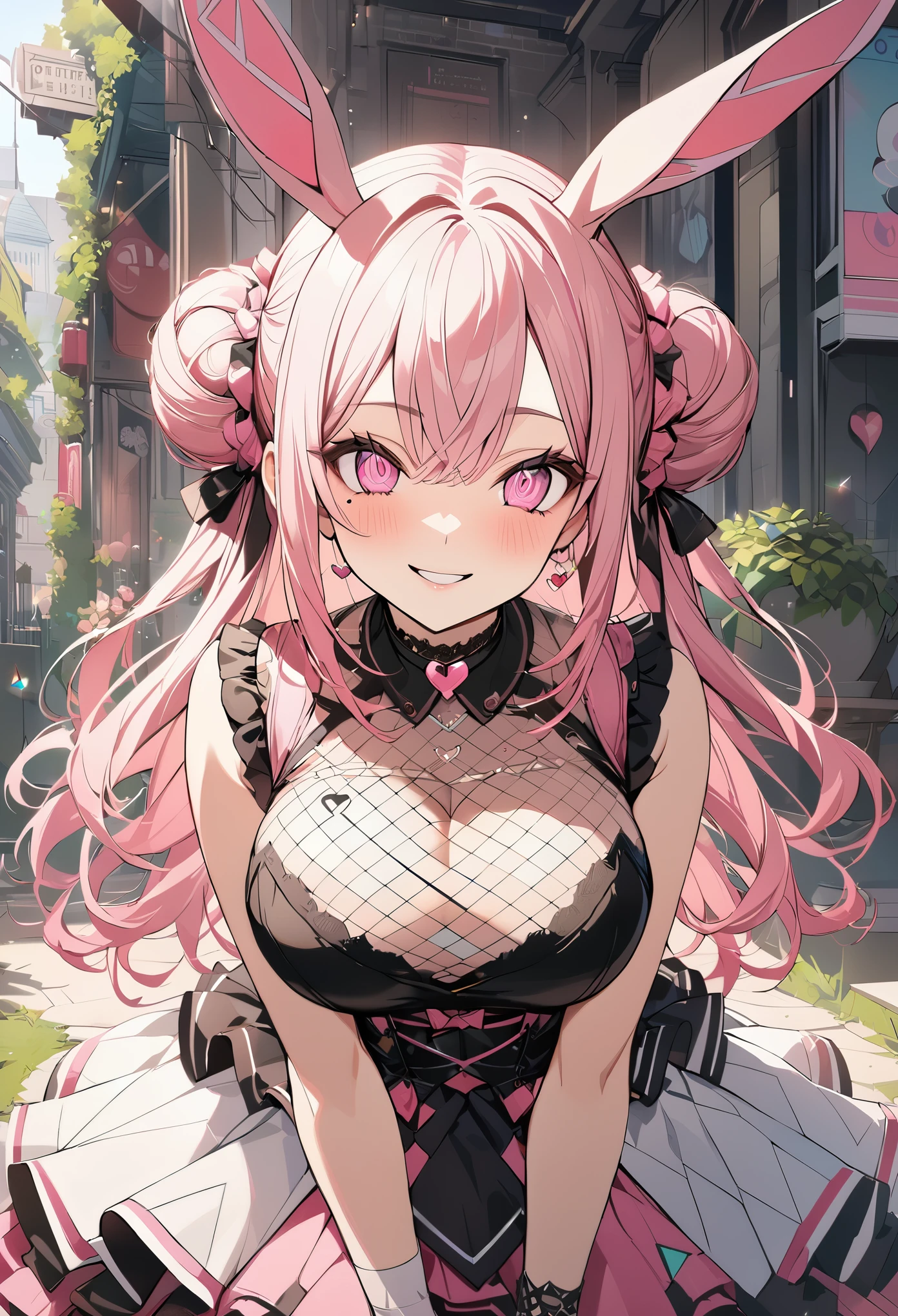 1 girl, pink long bun hair, heart shaped eyes, ♡, rabbit ears、Idol, {girl with pink long bun hair named Nami}, (Pink eye color), {downtown}, (smile), bright background , mole under eye, heart shaped choker, (masterpiece, highest quality), very detailed, highest quality, official art, beautiful and aesthetic: 1.2), (1 girl), very detailed, (geometry art: 1.3), colorful, most detailed ?d1 girl, pink long bun hair, Eye of the symbol, +__+, big breasts, gothic costume, {A girl with long pink bun hair named Nami}, (Pink eye color), {downtown}, (smile), bright background, (garden,beautiful flower々),mole under eye, heart shaped choker, (masterpiece, highest quality), official art, beautiful and aesthetic: 1.2), (1 girl), very detailed, (geometry art: 1.3), colorful