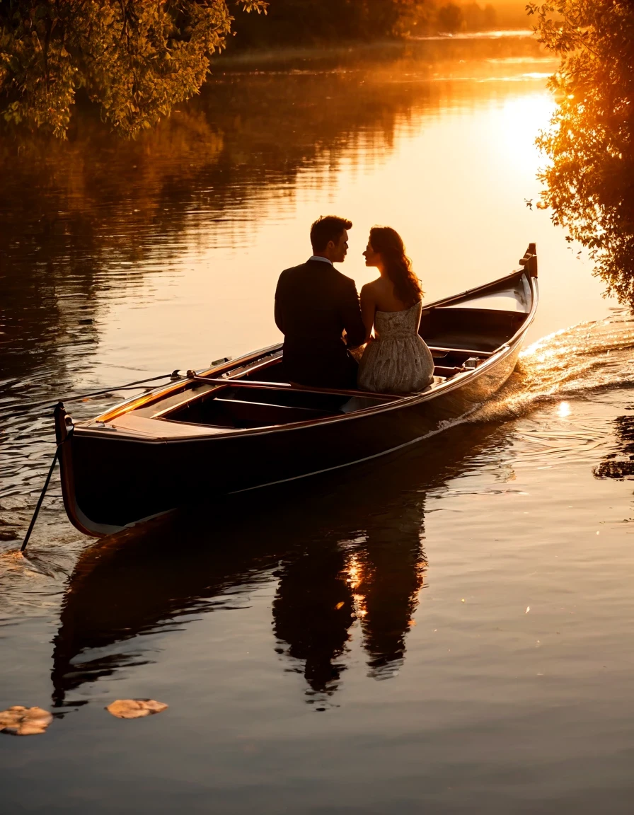 afterimage, close-up, vanishing point, from above, UHD, masterpiece, high details, high quality, award winning, best quality, best quality, highres, 16k，Golden pond，sunset，sparkling，Backlighting equipment for couple on boat:SonyA77(Standalone) [SONY（Sony）digital camera] lens:70-300mm F4-5.6 SSM time:2017-09-24 17:37:02 Shutter:1/8000 aperture:F/6.3 Focal length:300mm sensitivity:0