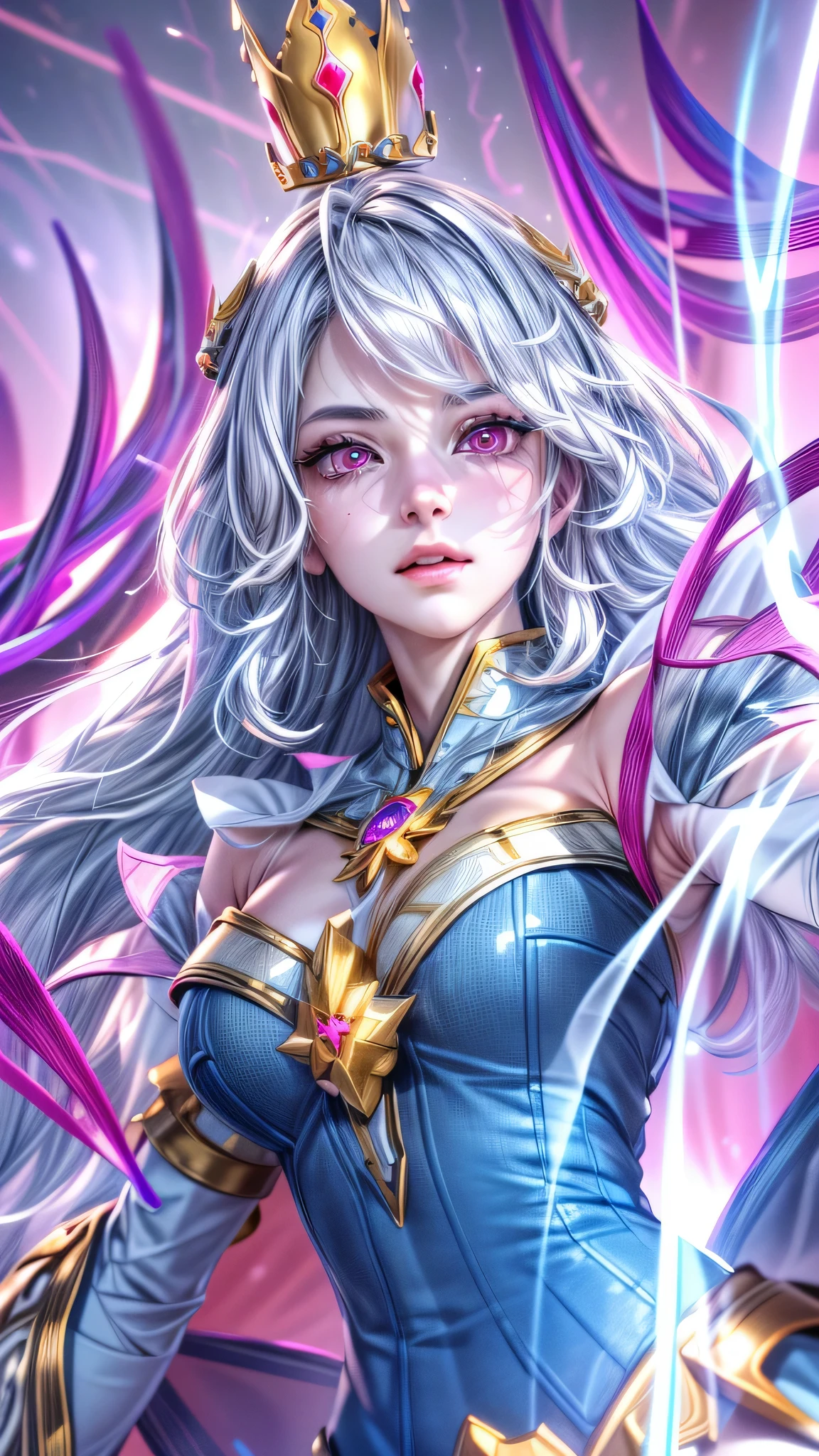 Best quality, masterpiece, ultra high res, (photorealistic:1.4), 1girl wearing a crown , pink eyes, gray hair, professional lightning, sharp focus, deep shadow, (extremely detailed CG unity 4k fhd wallpaper), 8k. 