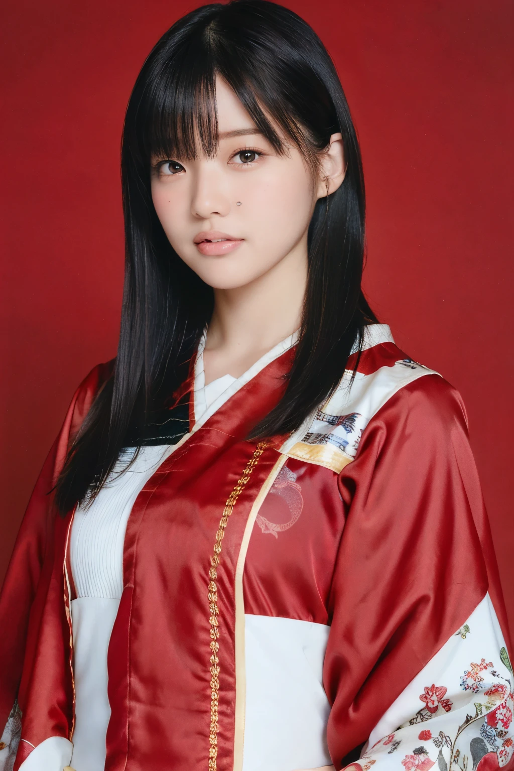 bangs,(highest quality,masterpiece:1.2),1 girl,8K,ultra high resolution,super detailed,highest quality,looking at the viewer,perfect lighting,flat light,super high quality,ultra high resolution,masterpiece,realistic,detailed face,(simple background),(maroon background),long hair,smile, elegant kimono