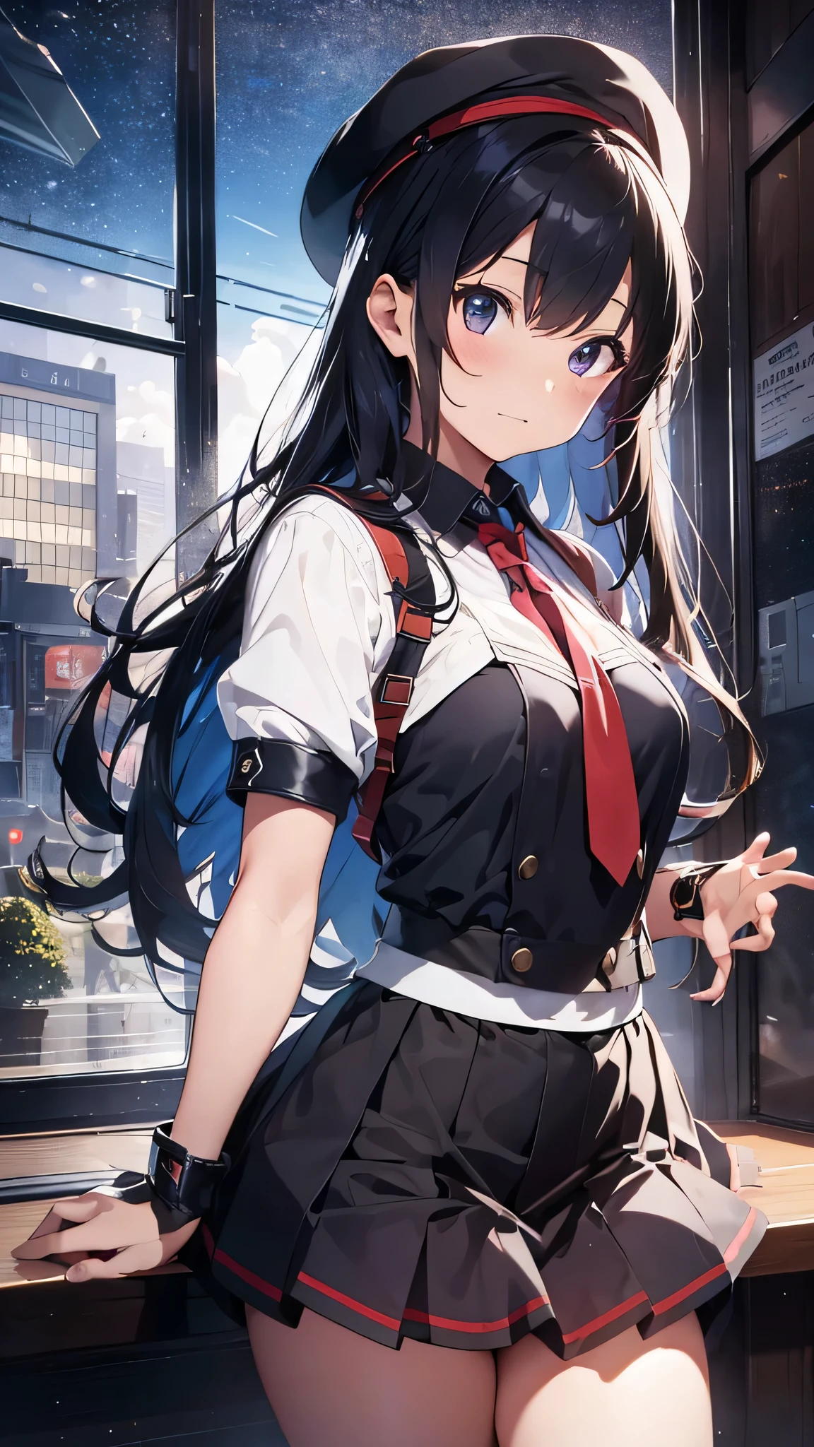 最high quality、best image quality、masterpiece、girl((18-year-old、 By becoming、vest bust、medium bust,wide open breast tea、shining eyes, glowing red hair、long hair、thin,highest valley、、black sailor suit、short skirt、Wristband、black gloves、hat、Tsundere、back view、reach out your hand、surprise)),high quality、beautiful art、background((luxurious school))、Flight、debris flies、Depth of written boundary、movie、visual art、perfect art、8K,genuine、