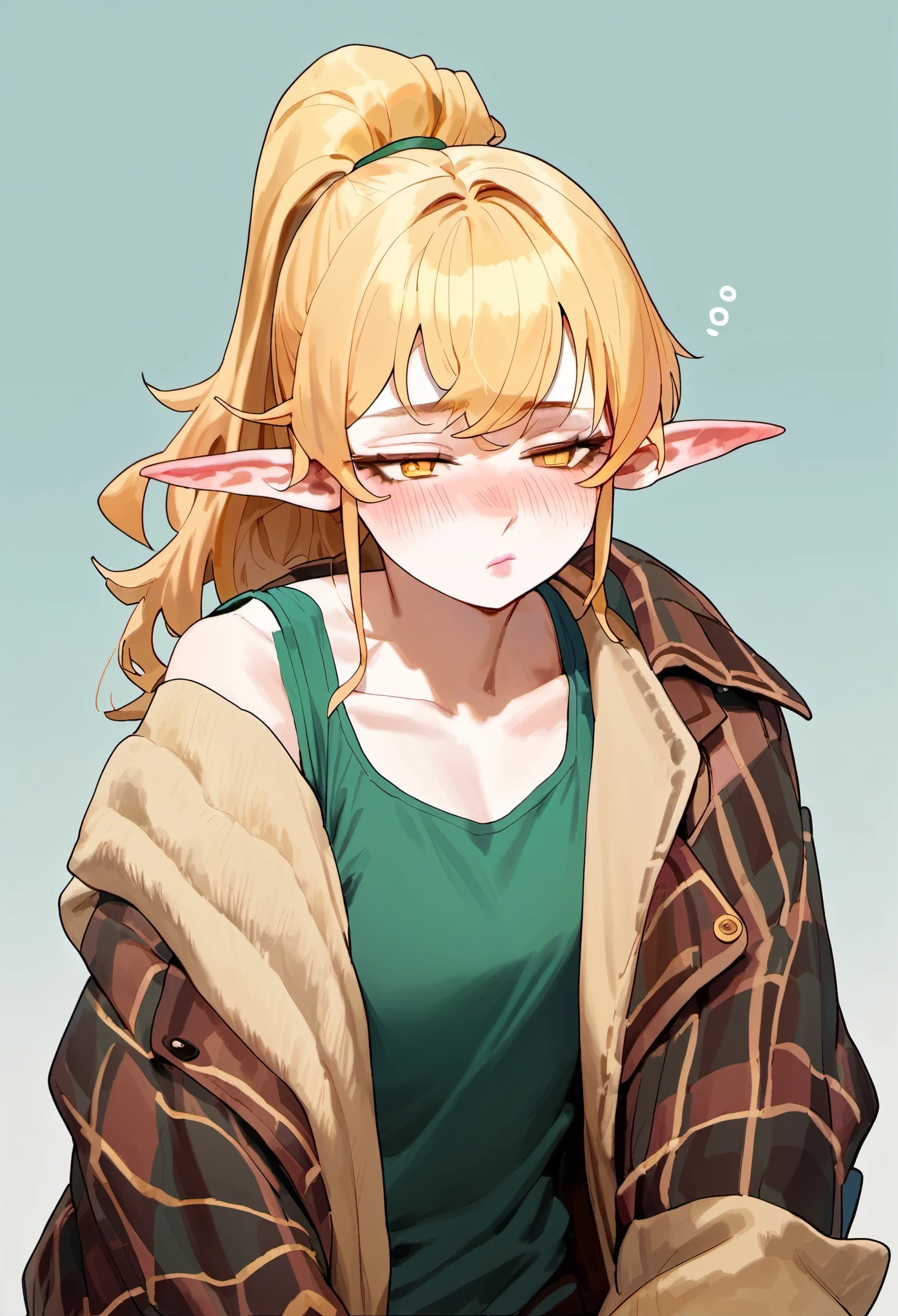 score_9, score_8_up, score_7_up, elf woman, adult woman, solo, dynamic, blonde hair, yellow eyes, pale skin, dark green tank top, black plaid flannel jacket, sleepy, cozy, blush, bright eyes, pink lips, heavy eyelids, minimalist style, high ponytail,