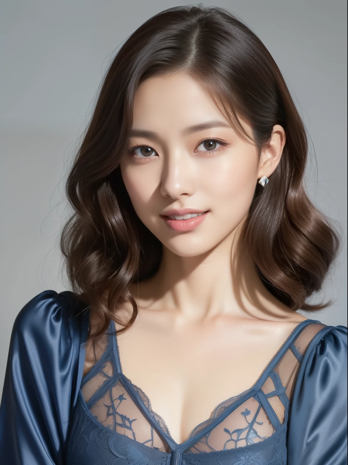 Beautiful 32 year old woman。She wears a tight camisole in light blue-gray satin fabric。Black lace at chest and hem.。Sweetie smile。Her dark brown hair is、Her hair is curly long hair。hight resolution、masterpiece、top-quality、headw:1.4、((Hasselblad photo))、Fine skin、fine textured knit、(movie lighting)、clavicle