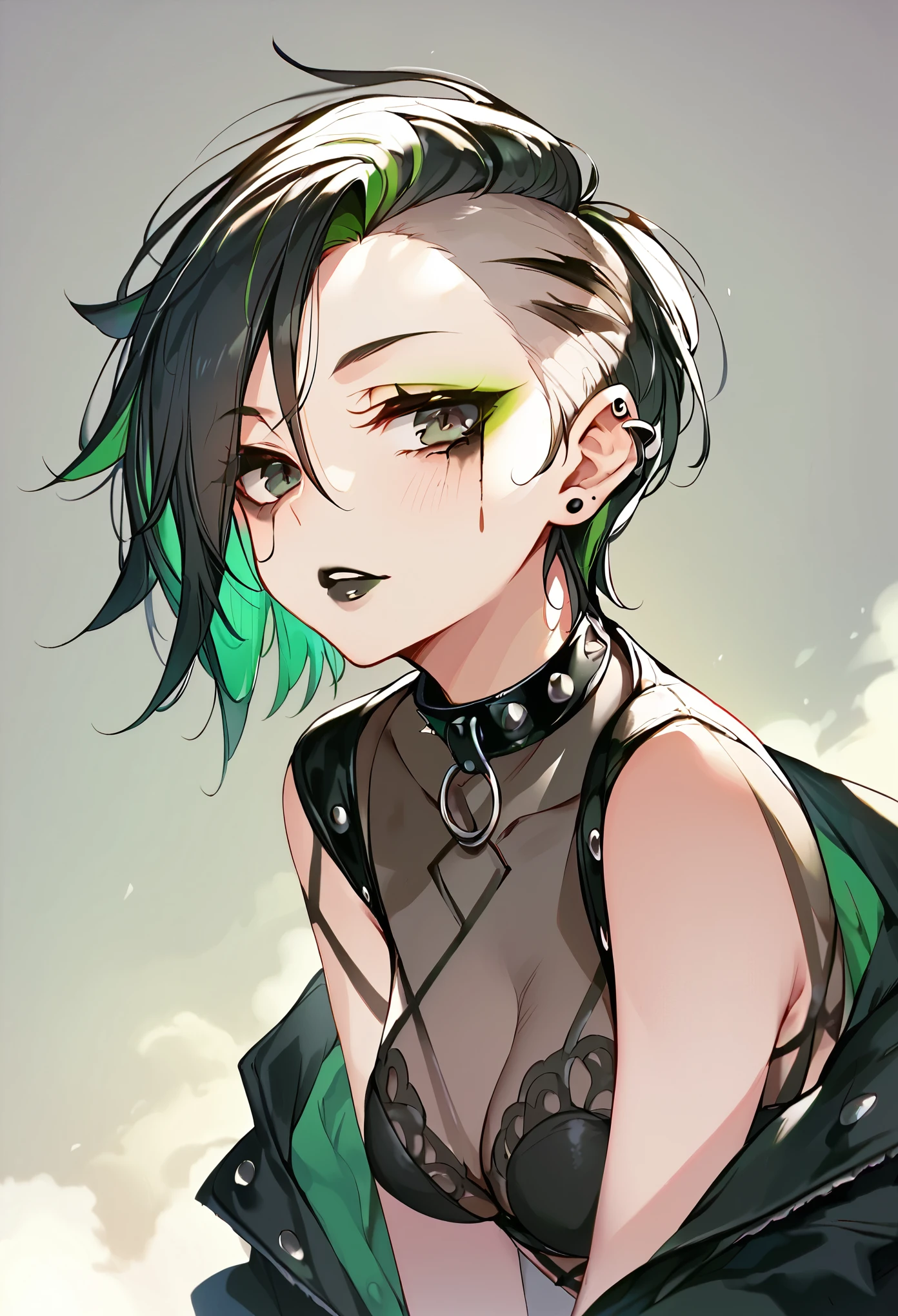 score_9, score_8_up, score_7_up,  1girl, punk, goth, black hair with green highlights, cat eye makeup, black lipstick, medium perky breasts, facial piercings, anime style