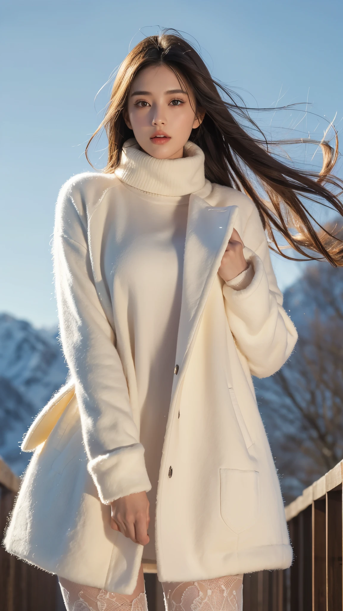 ((masterpiece, 32k,8k,wallpaper, high resolution, H,RAW photos,)),(realistically:1.5),(light),(Detailed fingers),(High detail skin:1.beautiful eyes),1 girl,alone,center, Winters, Yuki, fur collar wind coat, turtleneck sweater, Minkitz, lace up pantyhose,(huge snatch),twilight,Cloud,wind,hair flying,