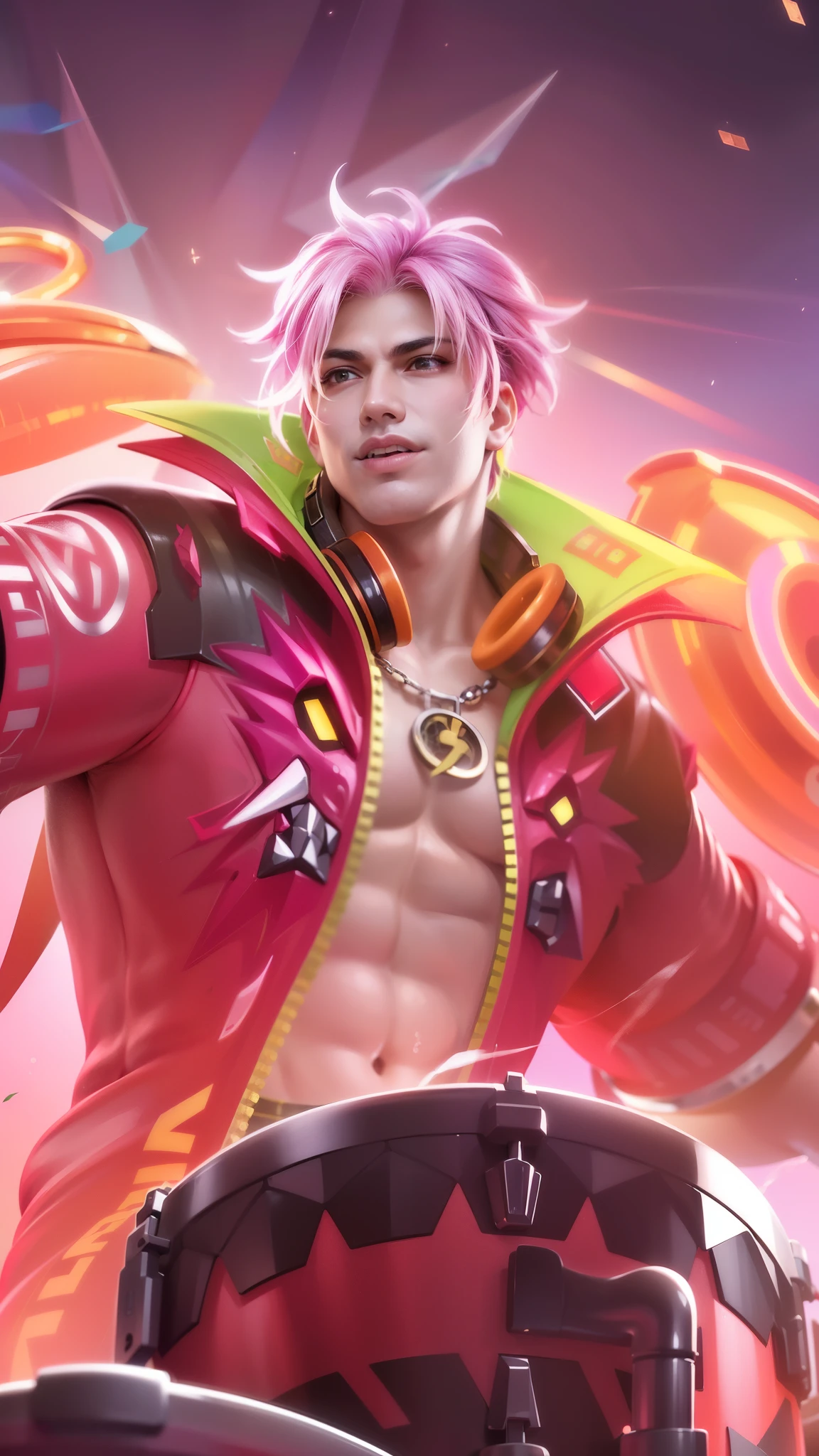 (Intricate Details, Masterpiece, Best Quality, High Resolution, 8k), (1man), (male:1.2), mature, dandy face, finely detailed eyes and face, toned body, masculine appeal, commanding presence, hot stud, bulging biceps and triceps, well-developed quadriceps and hamstrings, light skin, burgundy straight layered bangs hair, aquamarine eyes,  ornate details,  portrait, solo, half shot, looking down, detailed background, detailed face, (cogpunkai, cogpunk theme:1.1),  tech-mage,   [magic|technology], melding of spellcraft and advanced technology,  intricate [spellcasting clothes|mechanical gear], gear shaped glyphs,  ancient crystals,  [gears|ancient spell],  floating particles,  [innovative|enchanting] aura, high tech vehicle in background,   , finely detailed background, Depth of Field, VFX, young man and handsome, a man with a pink jacket and a drum in hand, pink hair, headphone