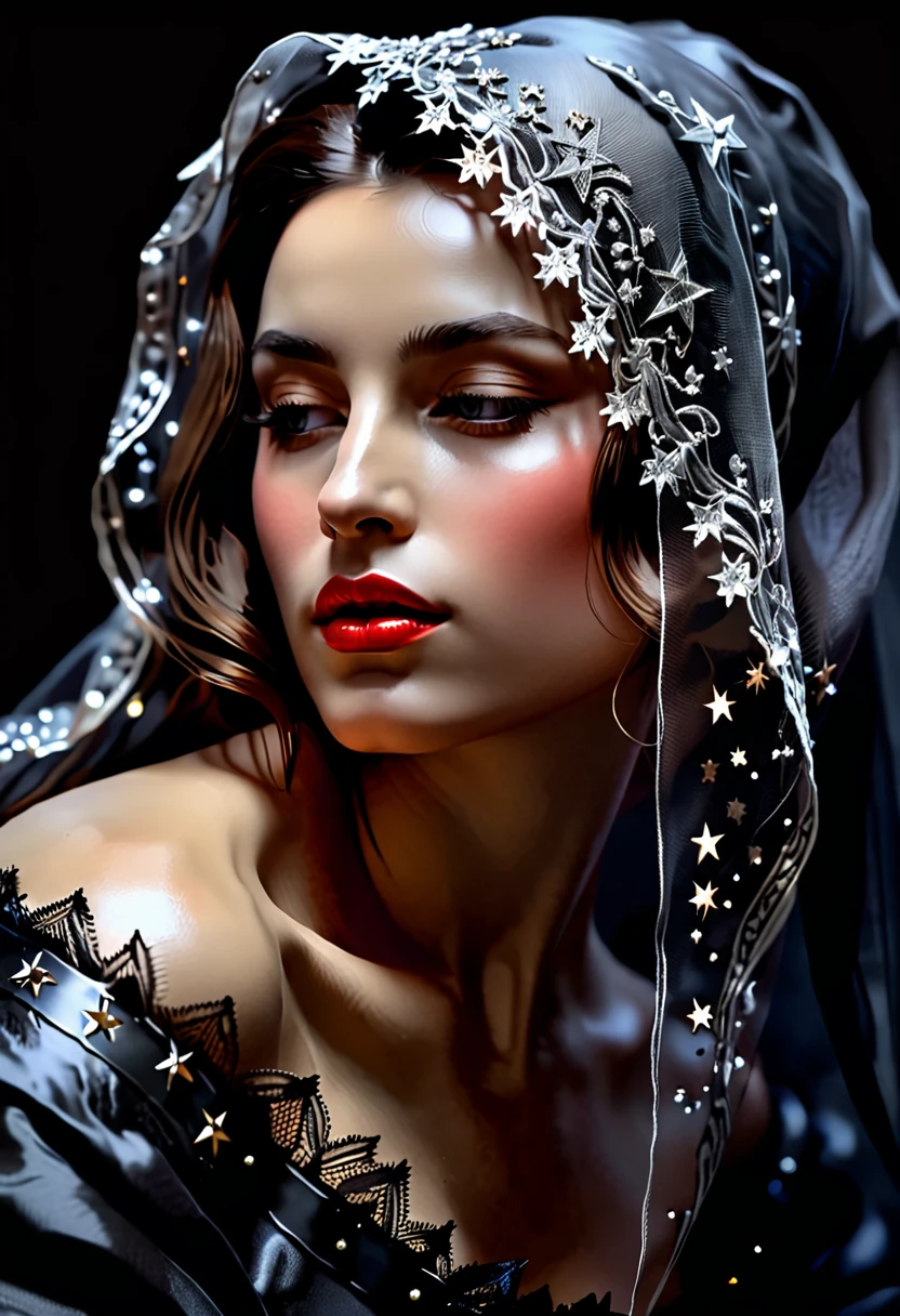 brutal dark monochrome color scheme, dark or moody setting, sense of depth and intrigue, digital brush strokes, computer graphics graphic illustration,
close up, lushill style, A beautiful dream. A veil made of stars,
Style Giovanni Boldini, Bastien Lecouf-Degarme, Carn Griffiths, E. Abramzon, Raphael, Caravaggio, Coby Whitmore, Titian, Leonardo da Vinci,, AI Midjourney, bright rich colors, watercolor, oil paints, HDR, 500px, 4k,