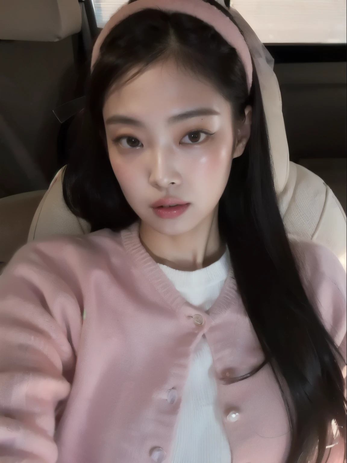 arafed asian woman wearing a pink sweater and headband sitting in a car, jennie rosa negro, aparcar desde-min, Lee Ji-Eun, Lee Ji Eun, Jaeyeon Nam, heonhwa choe, kim doyoung, parque roseanne de blackpink, jossi de blackpink, ulzzang, kim taejin, sha xi, jinyoung shin, wenfei ye, jennie blackpink