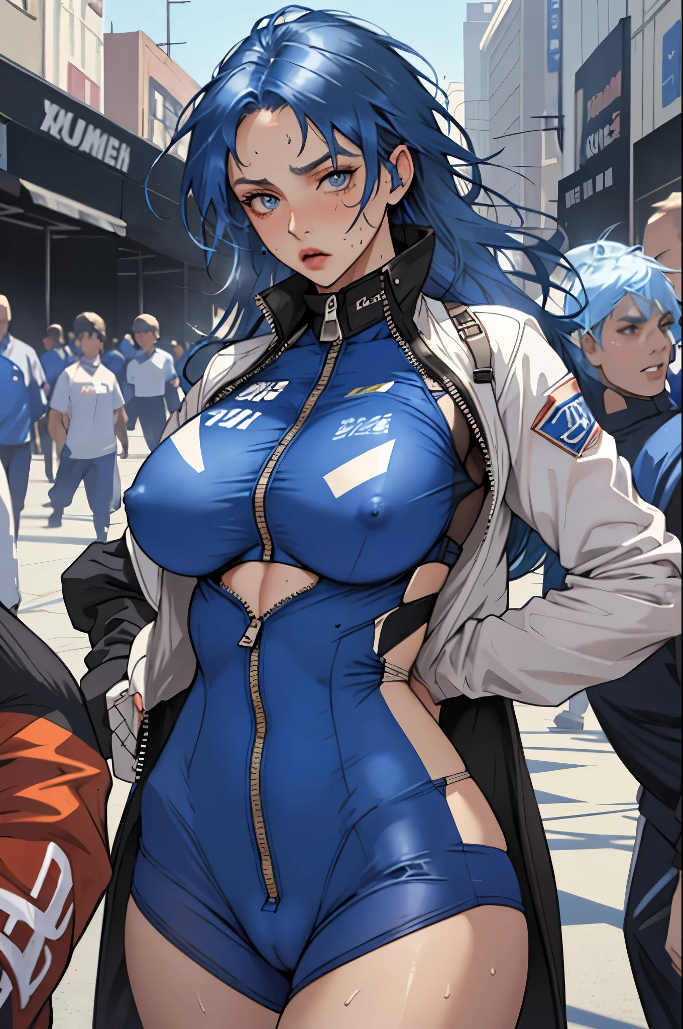 tomboy, lace queen, public event, Are standing, sweating, steam, blue hair, blue eyes, long hair, big breasts,racing suit with zipper open, cleavage, NSFW