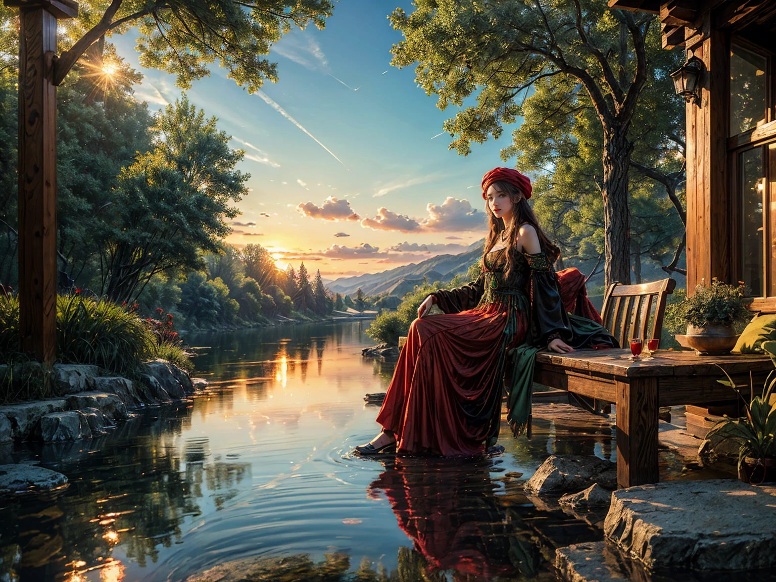 Peter Lik-styled, ultra-realistic and highly detailed pen and ink rendition of a young, hippie-fashioned woman, donned in a green-yellow-red beret, deeply engaged in the act of smoking hookah by the tranquil lake after sundown, reminiscent of Vasnetsov's "Alyonushka". Evening . sunset. The focus shifts dramatically towards the mesmerizing reflection mirrored in the still water((masterpiece, highest quality, Highest image quality, High resolution, photorealistic, Raw photo, 8K)), 