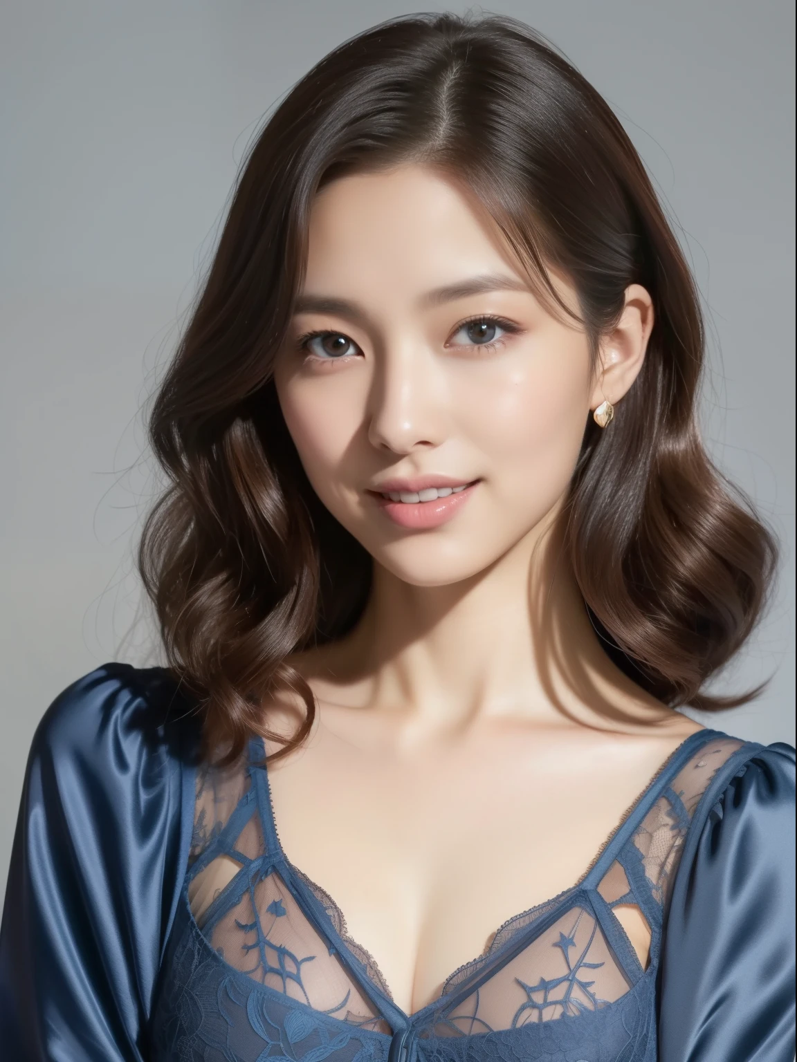 Beautiful 32 year old woman。She wears a tight camisole in light blue-gray satin fabric。Black lace at chest and hem.。Sweetie smile。Her dark brown hair is、Her hair is curly long hair。hight resolution、​masterpiece、top-quality、headw:1.4、((Hasselblad photo))、Fine skin、fine textured knit、(movie lighting)、clavicle