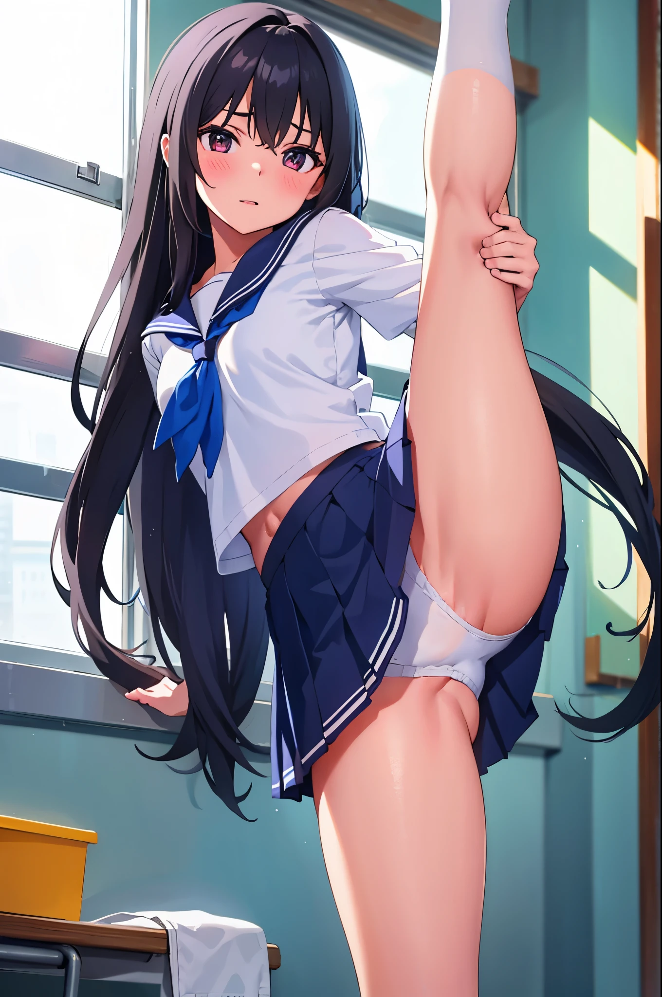 Evening school classroom　Sunset shines through the window　sunset　Backlight　elementary school girl　8-year-old　flat chest　black hair　long hair　eyes are purple　embarrassed look　（（1 person））　Upper half length sleeve white sailor uniform　Lower body navy blue miniskirt（（White panties are visible））　black socks　sneakers　standing by the window　spread your legs a little　I can see white panties　dynamic angle　Low angle from the front