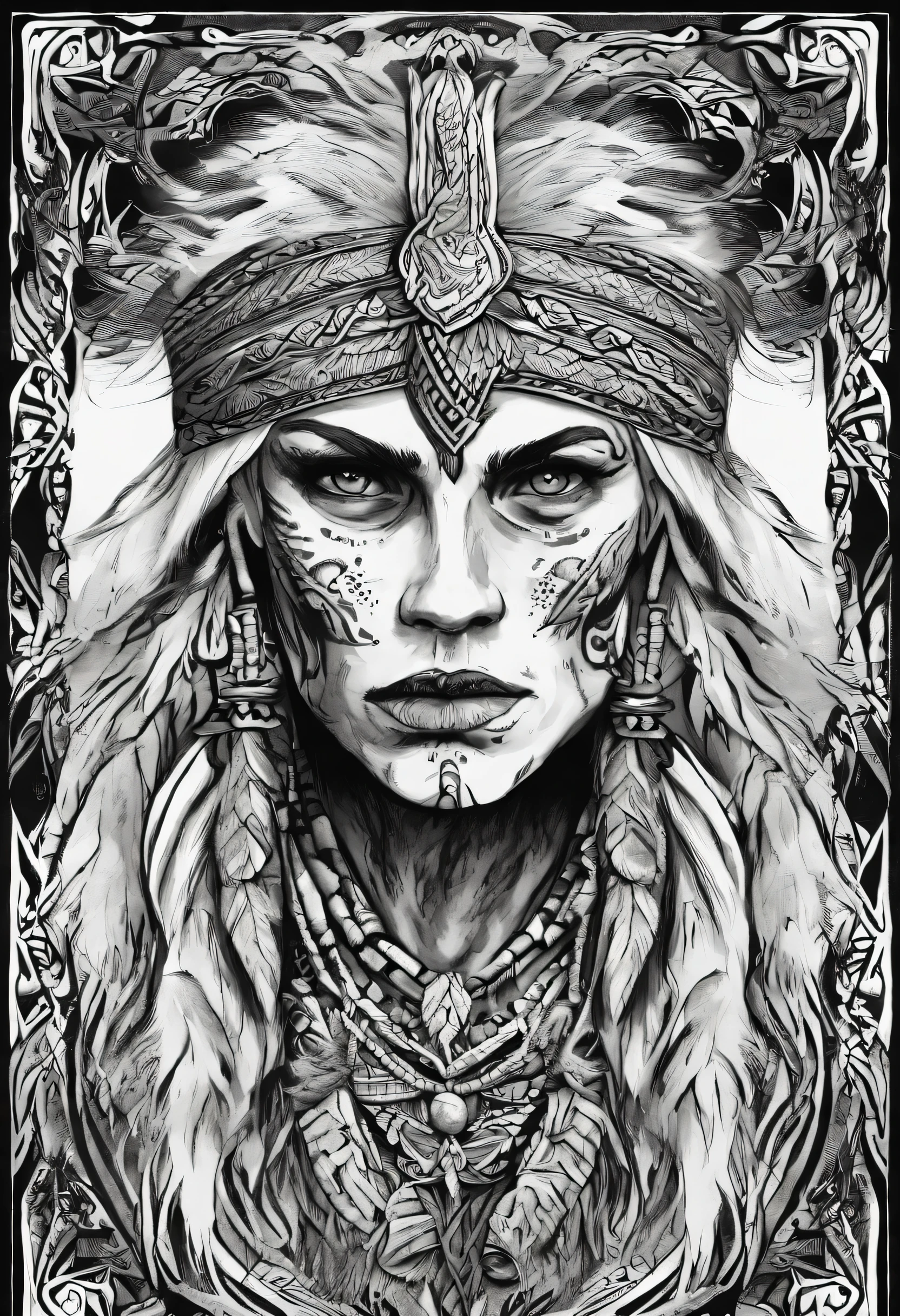 White haired bare chest tattooed viking shaman androgynous, There are tattoos on the face , an ax ,Black and white drawing