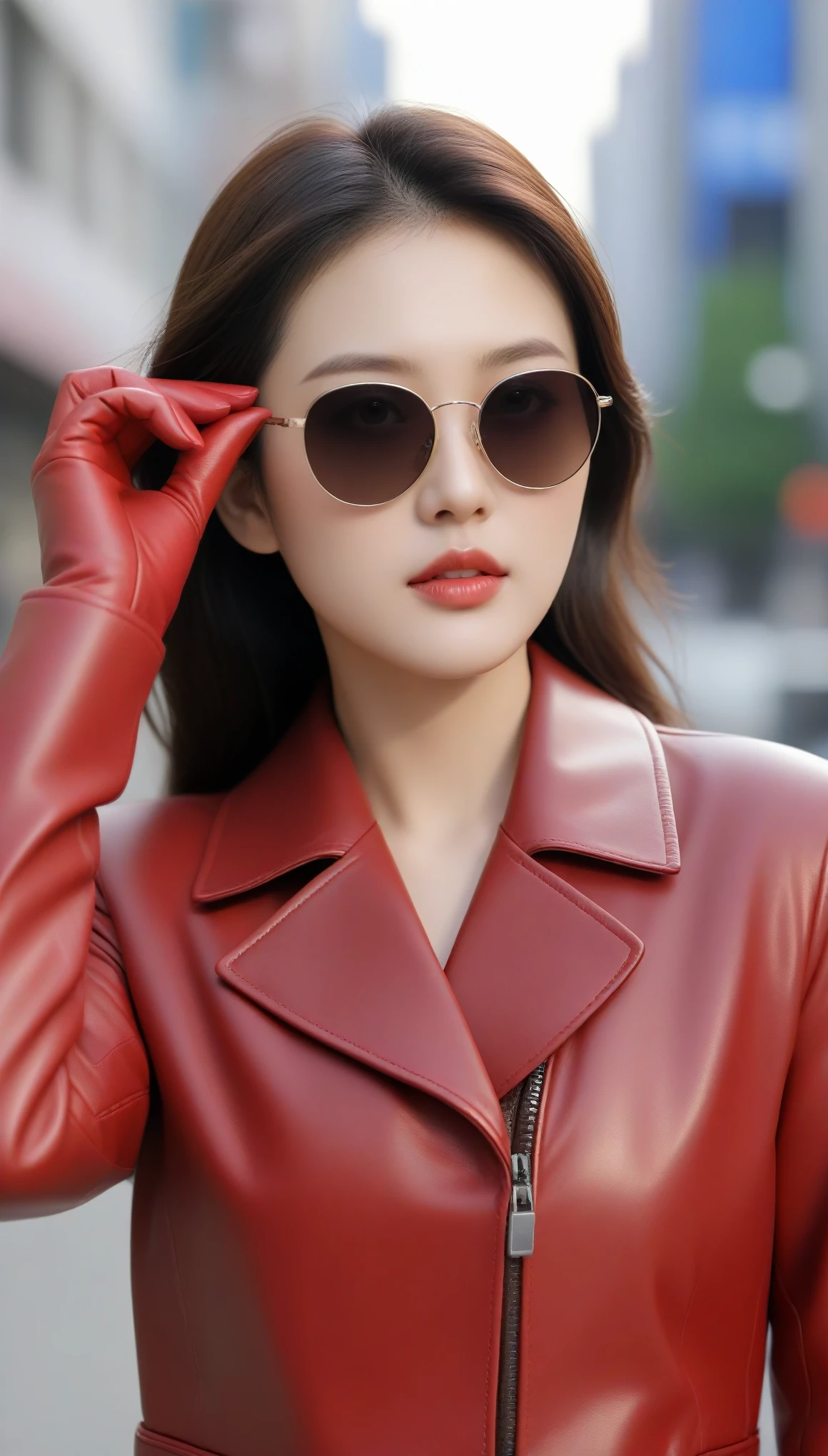 Close-up shot of beautiful korean female, 36 inch breasts size, wearing sunglasses, wearing red leather jacket, and red leather gloves, pretend to move sunglasses, standing at the street, UHD