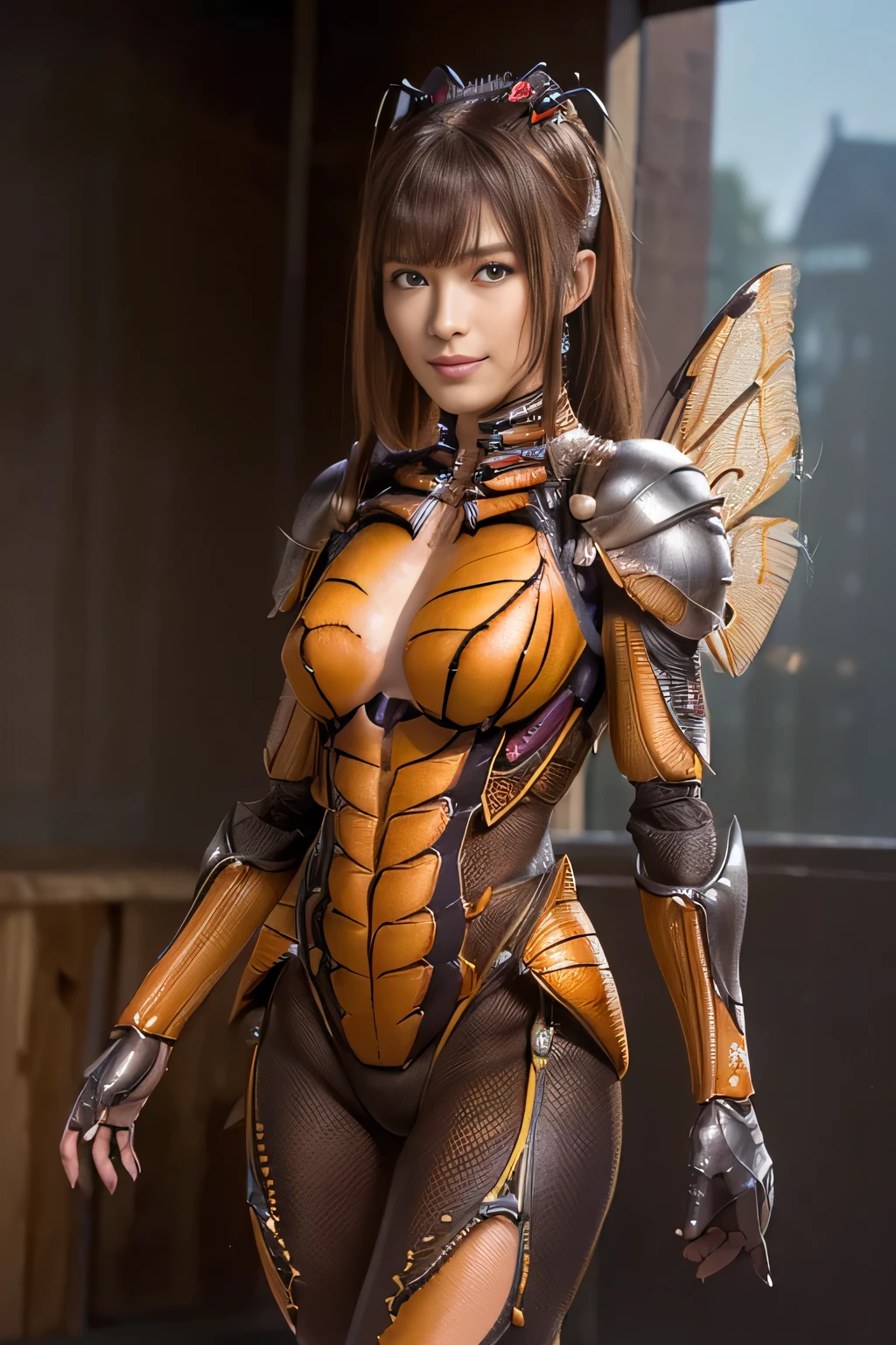 (high resolution,masterpiece,best quality,extremely detailed CG, anime, official art:1.4), realistic, photo, amazing fine details, all intricate, gloss and shiny,awesome many layers, 8k wall paper, 3d, sketch, kawaii, illustration,( solo:1.4), perfect female proportion,villainess, (fusion of dark brown cockroach and lady:1.4), (brown cockroach form lady:1.2), (brown cockroach lady:1.2), (fusion:1.2), (solo:1.4), (evil smile:1.2), muscular, abs, (cockroach brown exoskeleton bio insect suit:1.4), (cockroach brown exoskeleton bio insect armor:1.2), (brown transparency cockroach wing:1.4), (brown cockroach antennae:1.3),