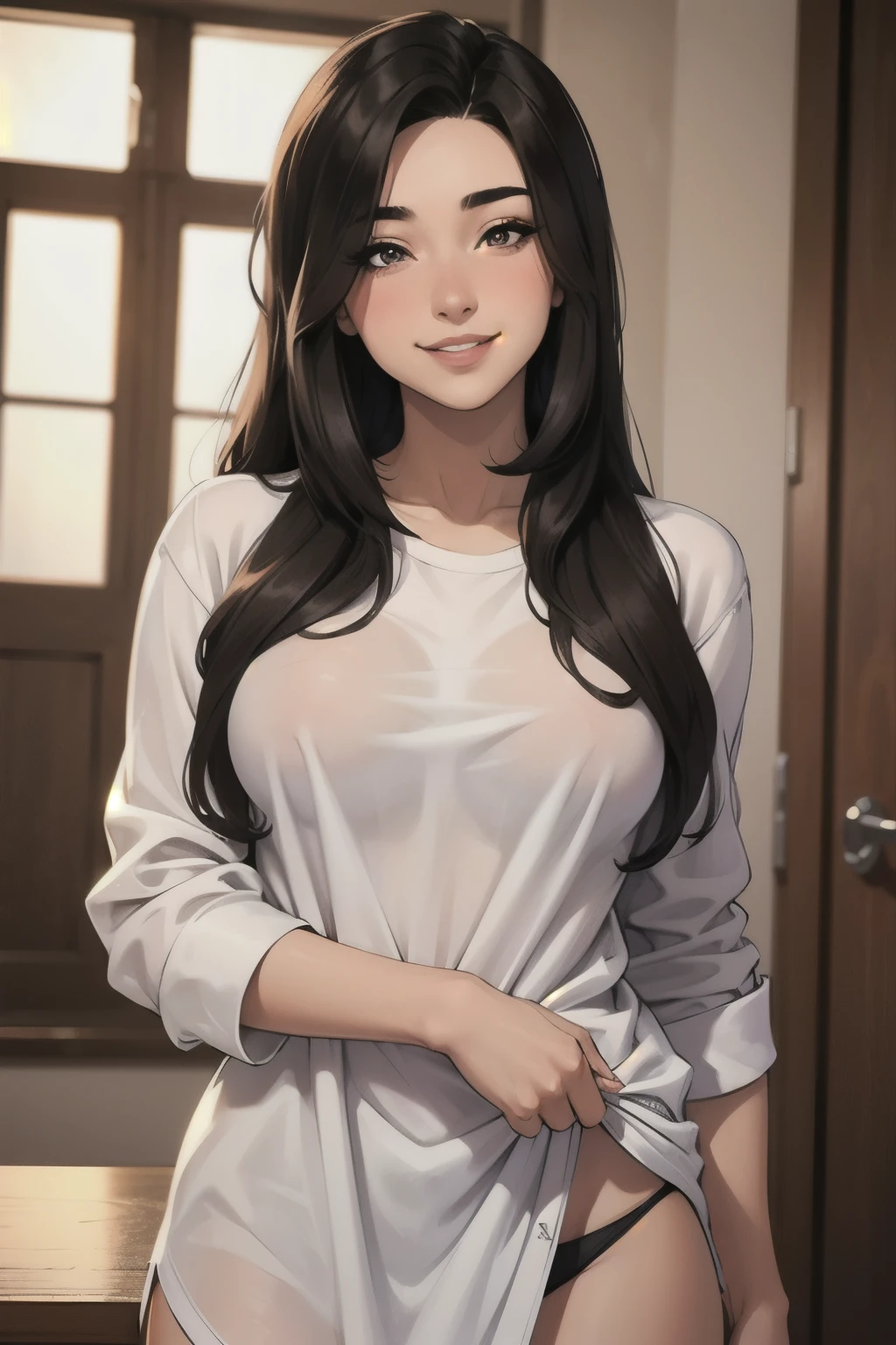 Sexy and cute woman, black brown hair, long hair, straight hair, weak eyes, blushing intensely, smiling, long oversized white shirt