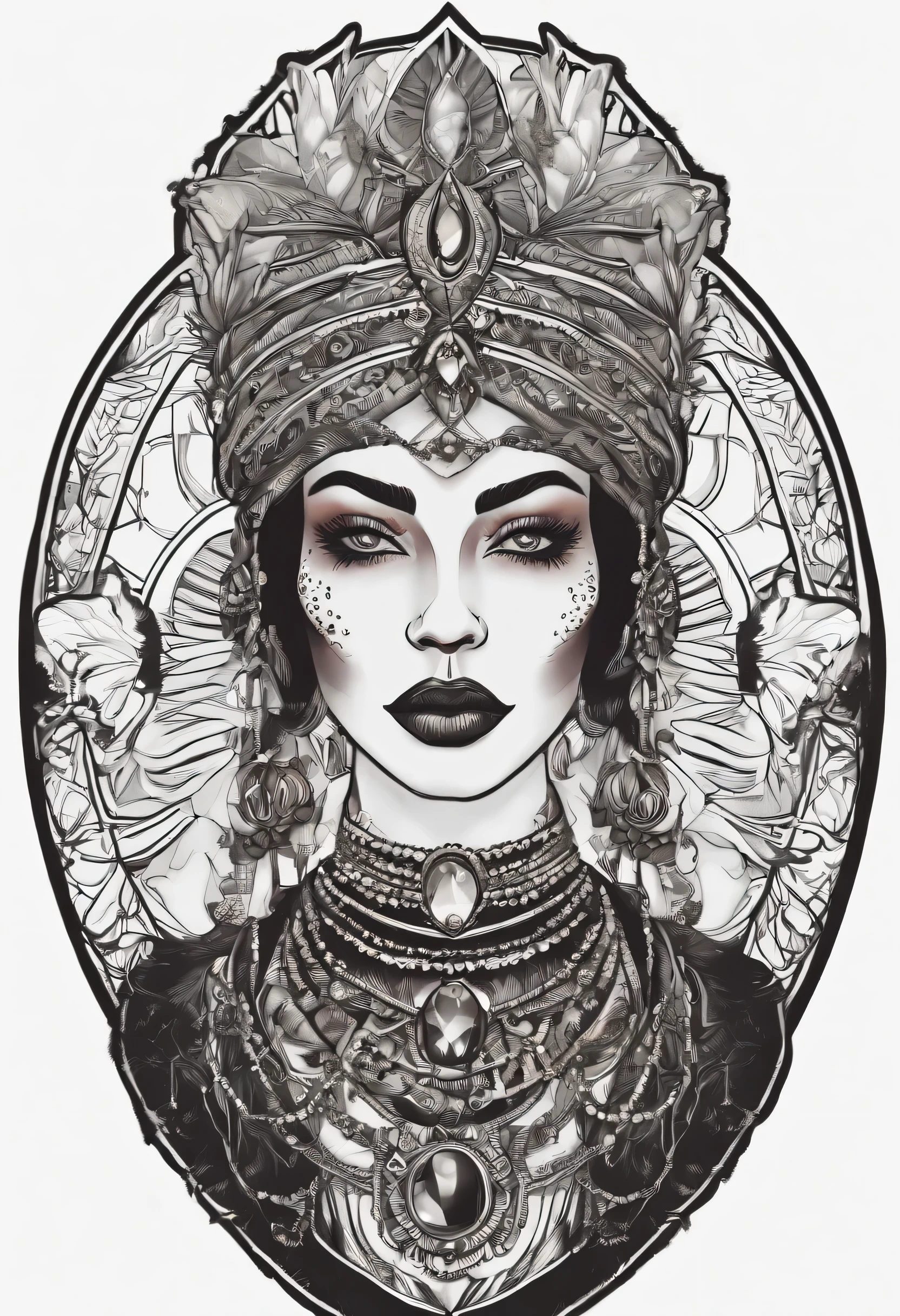 /Image prompt: Voodoo priestess illustration on black background sticker, bold outline style, jagged edges, garbage core, Blackout--V 5.2