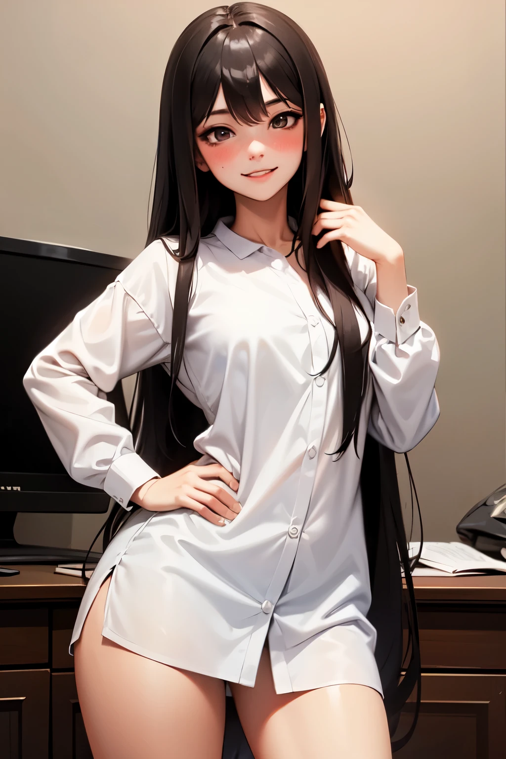 Sexy and cute woman, black brown hair, long hair, straight hair, weak eyes, blushing intensely, smiling, long oversized white shirt