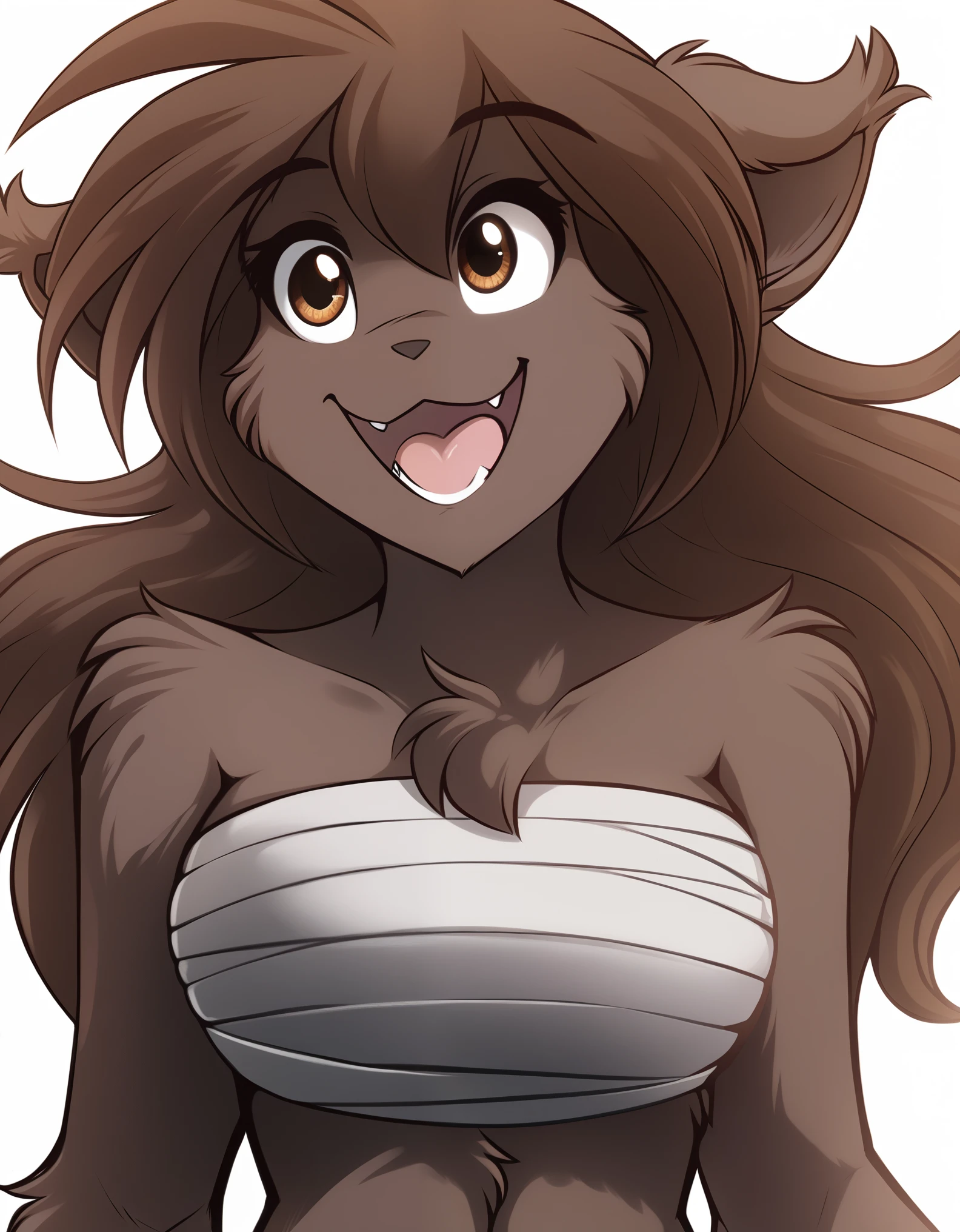 solo, tknanie, keidran, mammal, pantherine, natani_(twokinds), natani twokinds, twokinds, white background, white_background, brown fur, brown hair, brown eyes, female, big breasts, chest_wraps, wraps, open mouth, adult face, adult