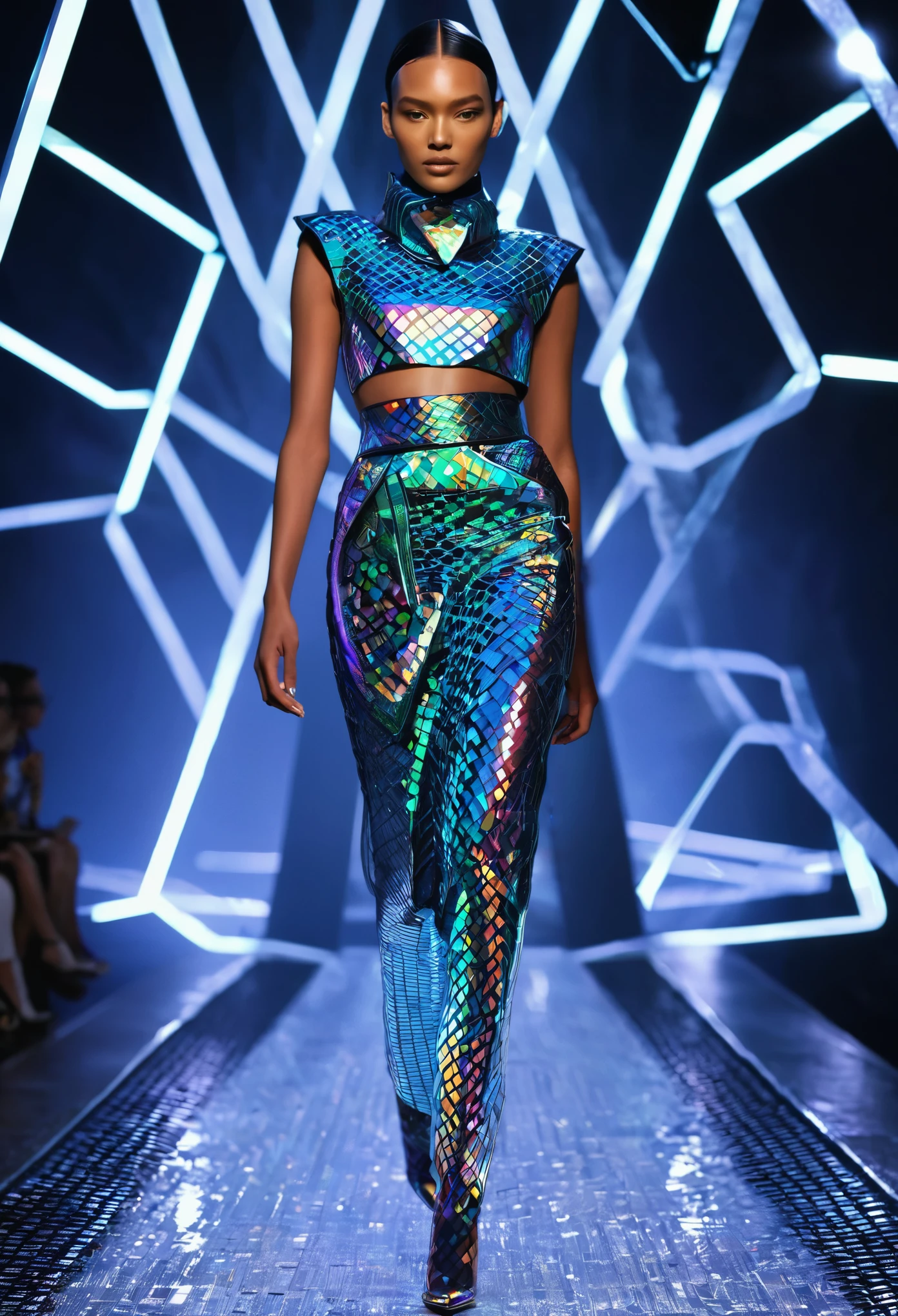 futuristic, runway, technology, innovative, fashion design, models, mixed gender, ideal, physique, special materials, costumes, illumination, displays, uneven textures, geometric patterns, lighting, cutting-edge, digital backgrounds, holograms, weaving techniques, color schemes, materials, atmosphere