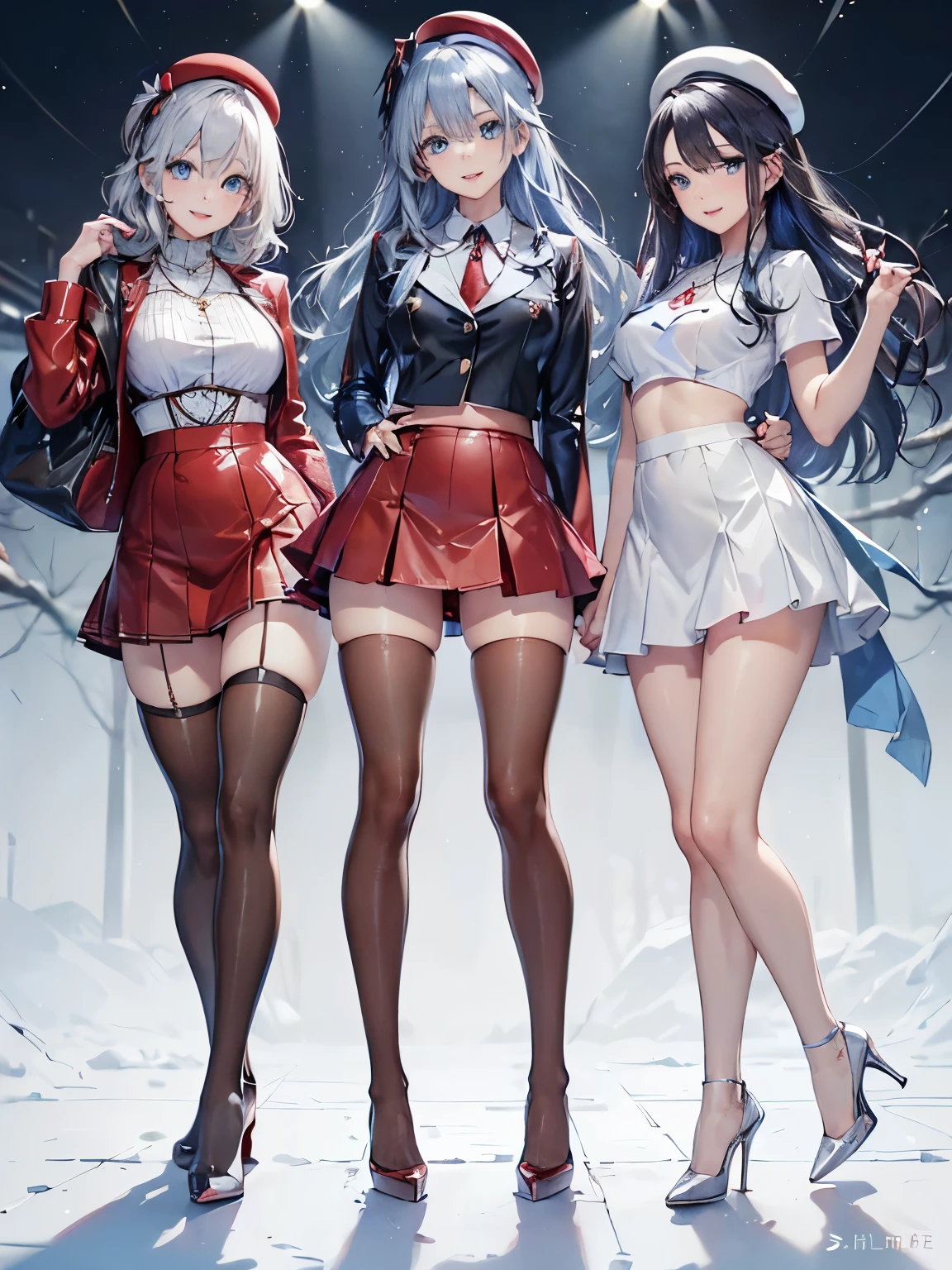 multiple girls, 3girls, standing, giantess art, highly detailed giantess shots, giantess, most detailed, perfect face, Two legs, Five fingers, short hair, A high school girl who is bigger than a skyscraper, Wearing rimless glasses, smile, huge breasts, Navy blazer, Red tie, mini skirt,  black pantyhose, no shoes on, toes visible through pantyhose, Steam coming out from the soles of my feet,  seaside metropolis, numerous miniature warships on the sea, Destroying cities, Under heavy attack, A very small big city, Miniature metropolis, Full body description, GTS, giga giantess, stomping city, crash city, tiny city, micro city, pantyhose feet, High resolution, highest quality, masterpiece, 