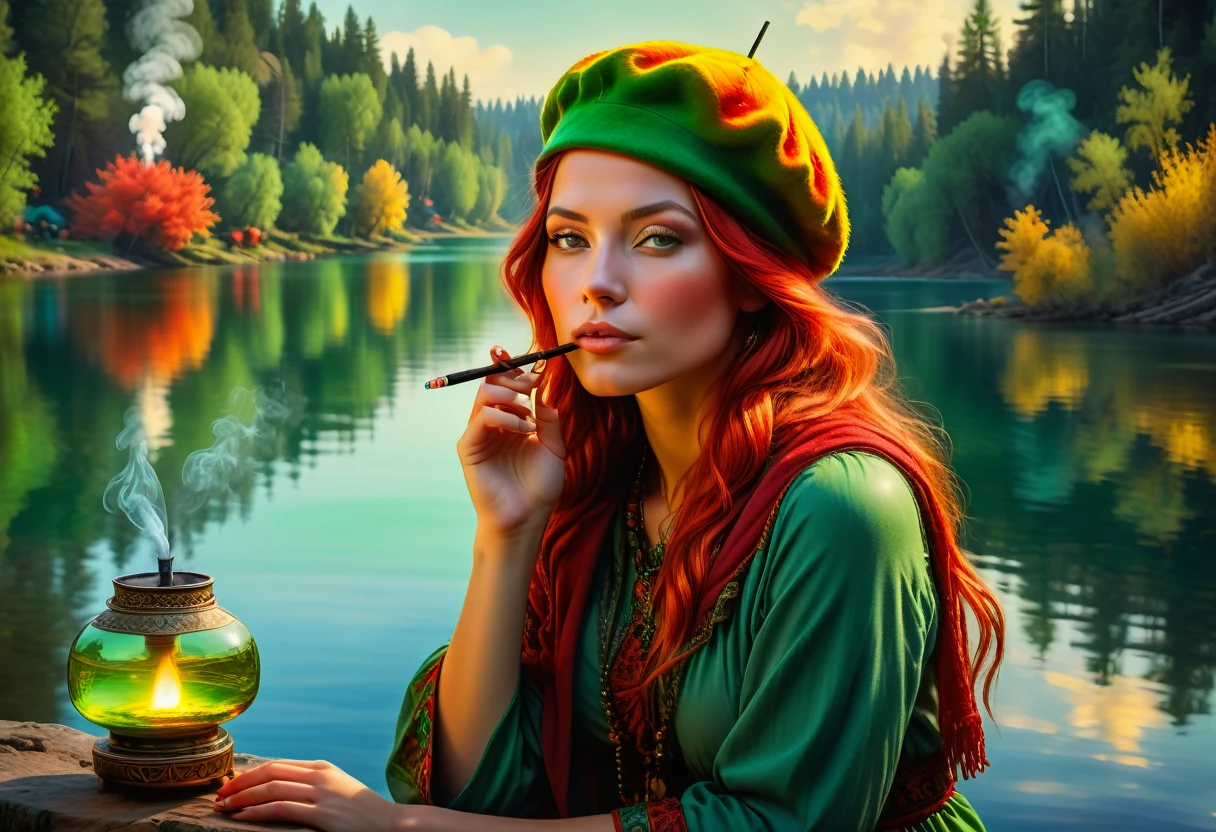 Reflective art  in the style of Peter Lik . Evening.  Young woman hippie-fashioned in Green-yellow-red beret, smoking hookah near the lake,Reference to Vasnetsov's "Alyonushka". Focus on the reflection in the lake. Hyperdetalization. ,sharp focus, studio photo, ultra hd, realistic, vivid colors, highly detailed, pen and ink, perfect composition, beautiful detailed intricate insanely detailed octane render trending on artstation, 8k artistic photography, photorealistic concept art, soft natural volumetric cinematic perfect light. Green, yellow and red