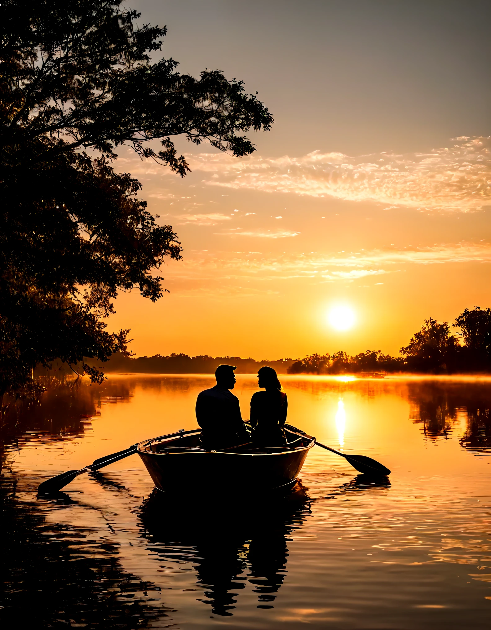 afterimage, close-up, vanishing point, from above, UHD, masterpiece, high details, high quality, award winning, best quality, best quality, highres, 16k，Golden pond，sunset，sparkling，（Backlit background of couple on boat） ，silhouette，equipment:SonyA77(Standalone) [SONY（Sony）digital camera] lens:70-300mm F4-5.6 SSM time:2017-09-24 17:37:02 Shutter:1/8000 aperture:F/6.3 Focal length:300mm sensitivity:0