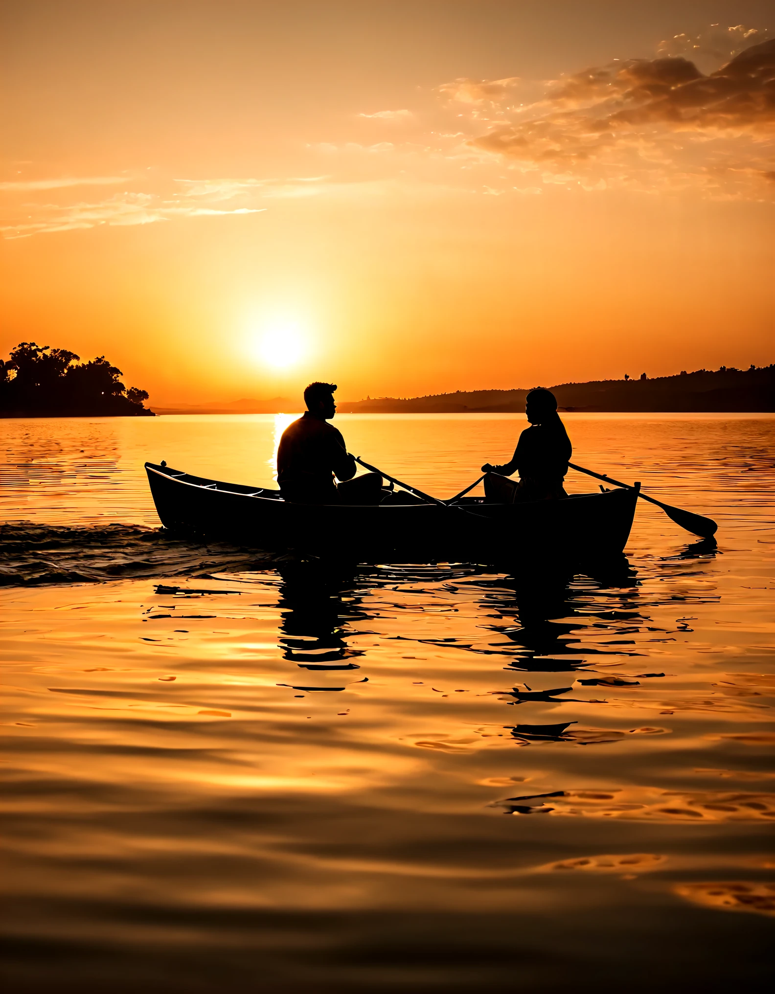 afterimage, close-up, vanishing point, from above, UHD, masterpiece, high details, high quality, award winning, best quality, best quality, highres, 16k，Golden pond，sunset，sparkling，（Backlit background of couple on boat） ，silhouette，equipment:SonyA77(Standalone) [SONY（Sony）digital camera] lens:70-300mm F4-5.6 SSM time:2017-09-24 17:37:02 Shutter:1/8000 aperture:F/6.3 Focal length:300mm sensitivity:0