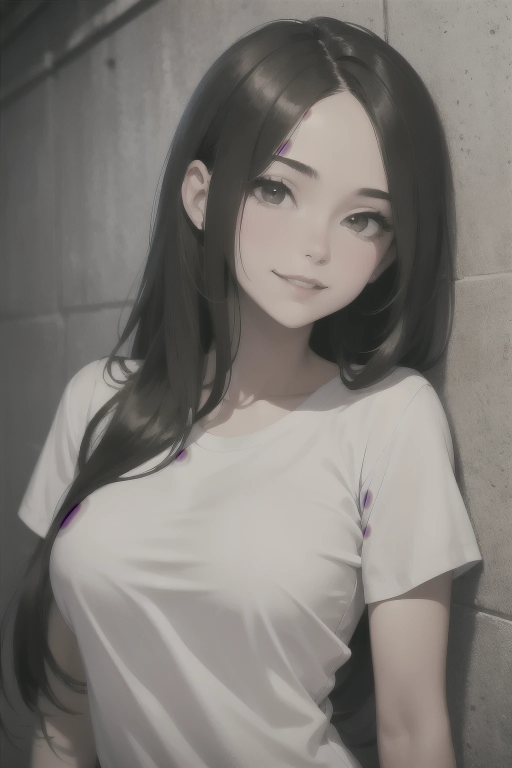 Sexy and cute woman, black brown hair, long hair, straight hair, weak eyes, blushing intensely, smiling, lips parted, long oversized white shirt, pinned against a wall