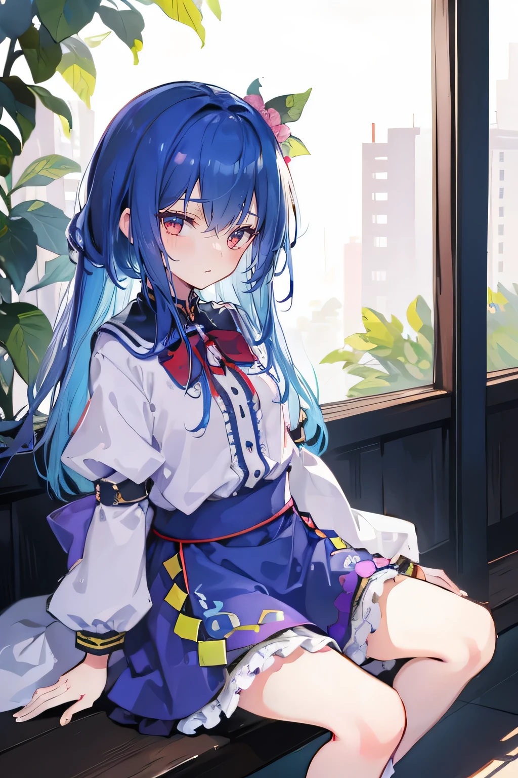 (masterpiece:1.2,best quality,ultra-detailed,realistic),
expressive eyes, perfect face, 1 girl,
hands on waist, beautiful,
gorgeous, Japanese anime,
girl, Lola, Chuunibyou character,
blue hair, blue-haired,
floating clothing, waist grab,
waist grab, hands on hips,
sitting, sitting on the ground,
legs on the ground, flat chest,
sitting on the ground