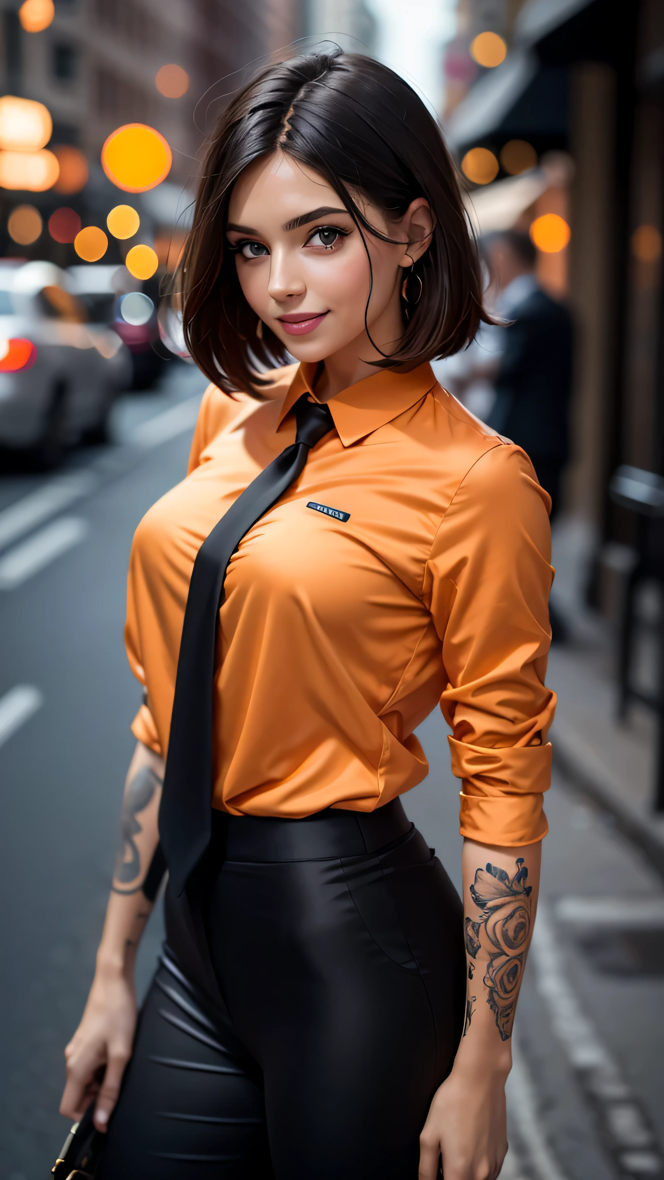 (masterpiece:0.8), best quality:1.5, 8K, cinematic, spotlight, glisten, dark suntan, bokeh, city street background, (realistic), skinny athletic girl (barbie face, (black men's business suit, orange silk shirt)), tattoo:0.5, (clearblue eyes, short dark bob hair, smiling)