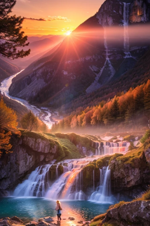 Photo of a breathtaking waterfall landscape in the mountains, ultra realistic, (Sunset image:1.37), (Beautiful blonde woman:1.2), (fotografia:1.3), 8k resolution, (Detailed environment:1.15), (Mountains:1.3), (Waterfall:1.3), (Ultra-realistic:1.4), (Realistic sunset:1.3), (Natural lighting:1.2), (Refined details:1.2), (Cinematic:1.1), (Translucent water:1.2), (Majestic:1.1), (D