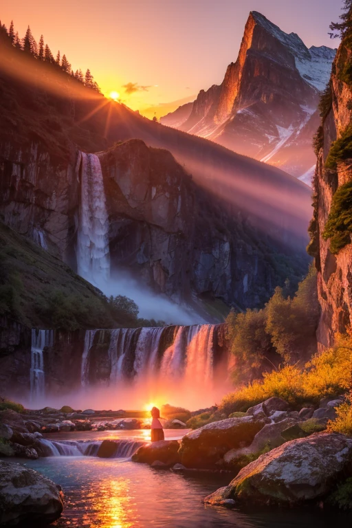 Photo of a breathtaking waterfall landscape in the mountains, ultra realistic, (Sunset image:1.37), (Beautiful blonde woman:1.2), (fotografia:1.3), 8k resolution, (Detailed environment:1.15), (Mountains:1.3), (Waterfall:1.3), (Ultra-realistic:1.4), (Realistic sunset:1.3), (Natural lighting:1.2), (Refined details:1.2), (Cinematic:1.1), (Translucent water:1.2), (Majestic:1.1), (D