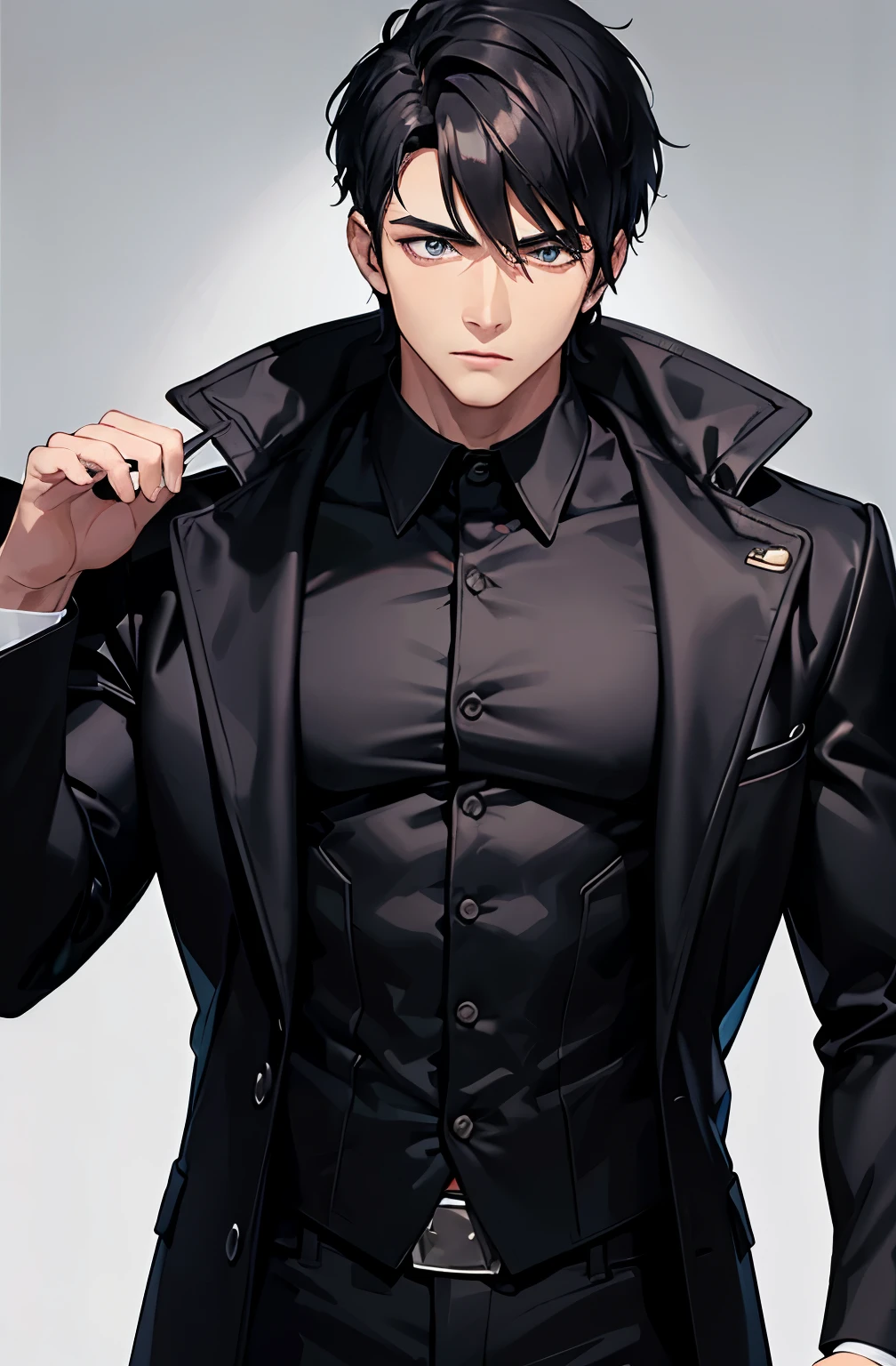 Muscular guy, black hair curtain haircut, black jacket