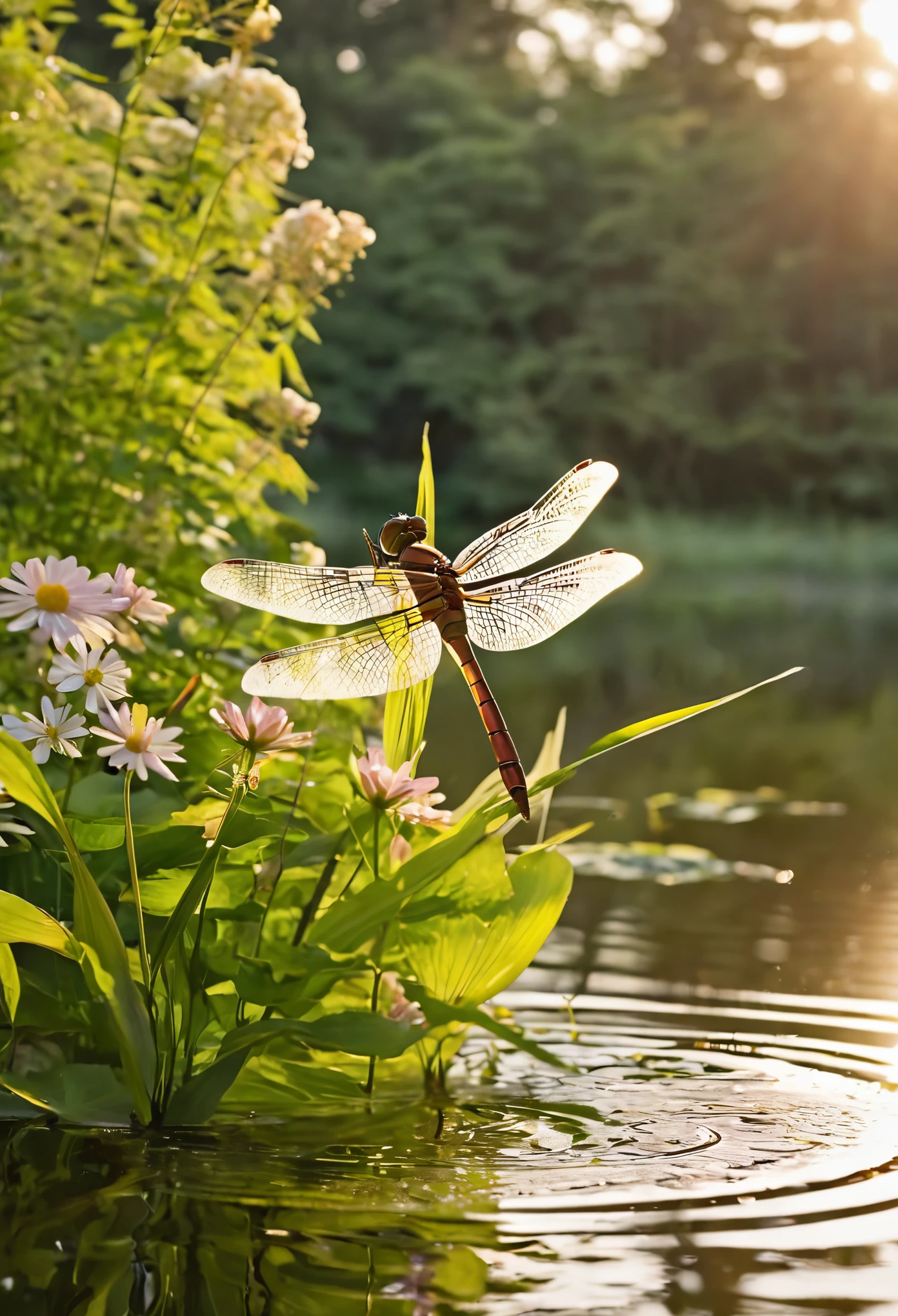 the dragonfly as the focal point, its wings almost touching the water's edge,The water's surface is still, broken only by the gentle ripples caused by a delicate dragonfly hovering above. The dragonfly, its wings glinting in the fading light, floats gracefully, almost dancing in the air. The surrounding greenery and flowers add to the pastoral tranquility of the scene, creating a peaceful and idyllic atmosphere. the beauty of this evening pond,A serene evening pond, reflecting the soft hues of the setting sun. 