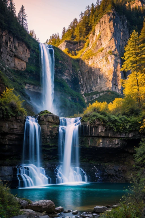 waterfall landscape in the mountains Ultra realistic sunset image with beautiful blonde woman, fotografia, 8k
