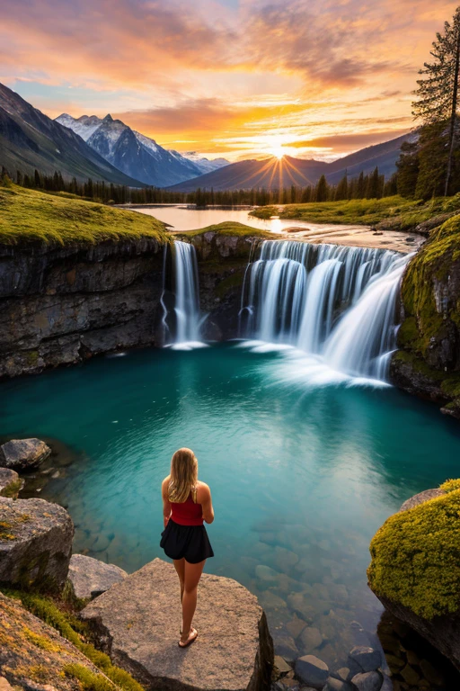 waterfall landscape in the mountains Ultra realistic sunset image with beautiful blonde woman, fotografia, 8k
