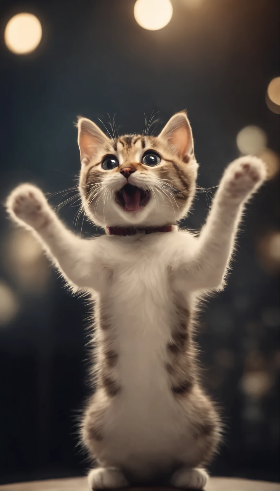 A cat smiling and dancing with both hands up