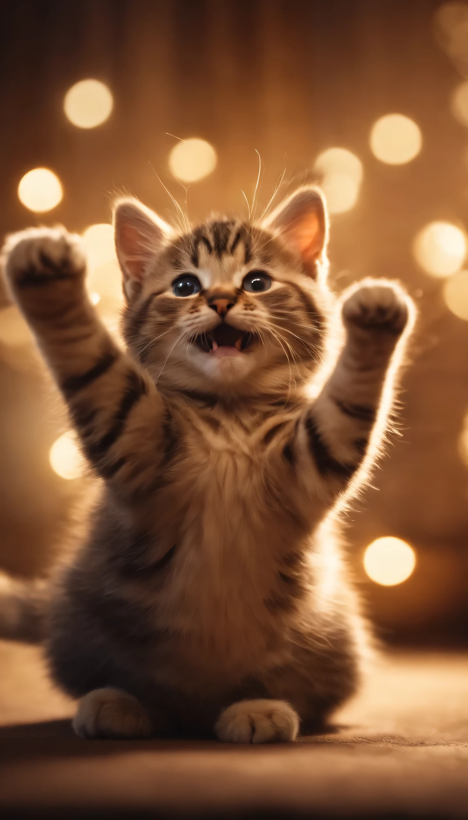 A cat smiling and dancing with both hands up
