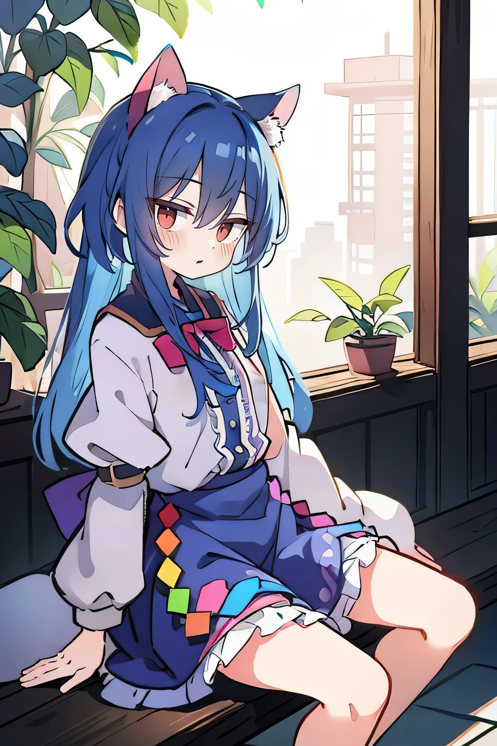 (masterpiece:1.2,best quality,ultra-detailed,realistic),
expressive eyes, perfect face, 1 girl,
hands on waist, beautiful,
gorgeous, Japanese anime,
girl, Lola, Chuunibyou character,
blue hair, blue-haired,
floating clothing, waist grab,
waist grab, hands on hips,
sitting, sitting on the ground,
legs on the ground, flat chest,
sitting on the ground