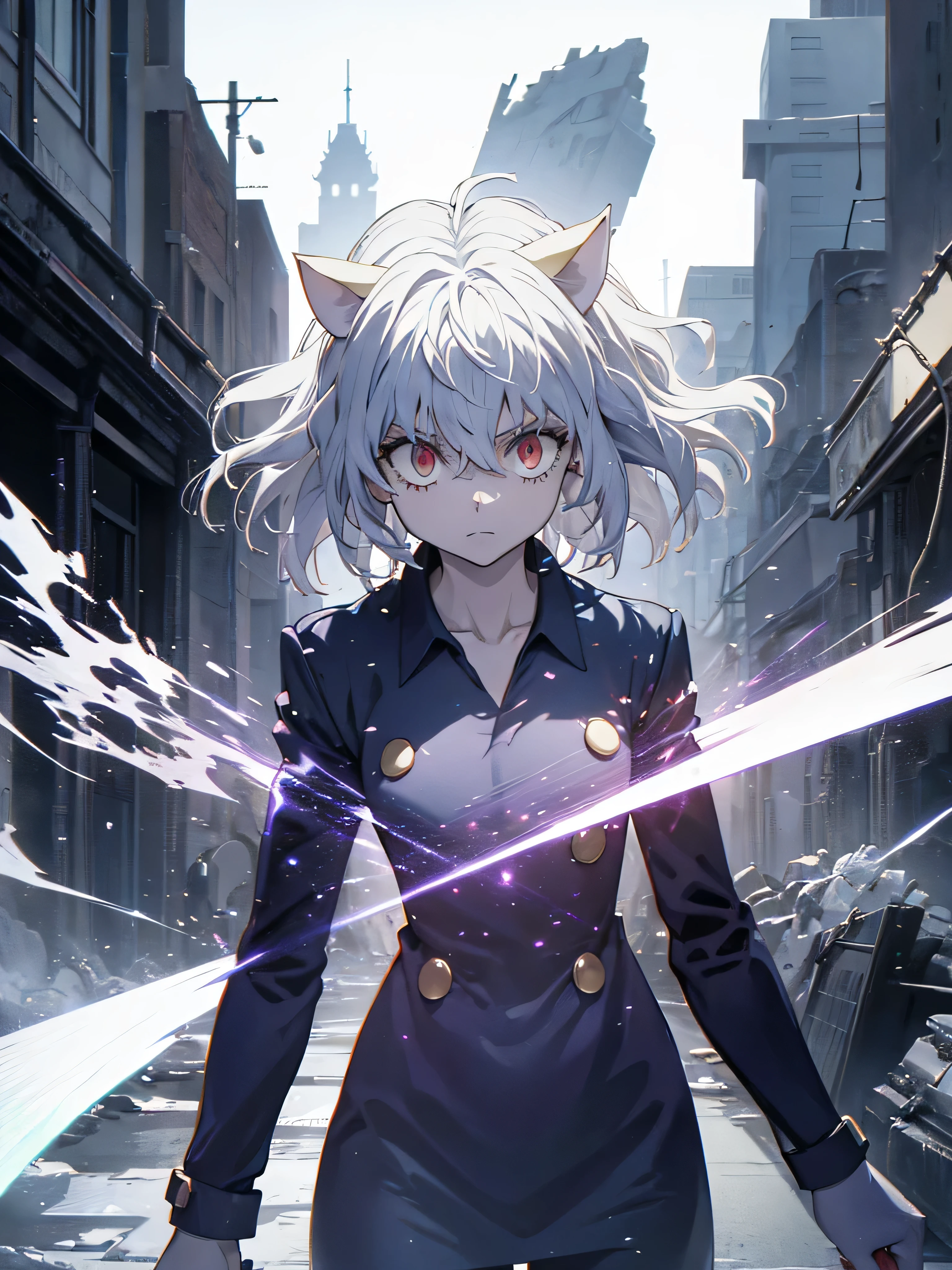 Image prompt structure High quality work, pixiv, concept art, Create visually stunning wall art featuring Neferpitou from the anime series Hunter x Hunter, showcasing her menacing presence as she stands amidst a desolate wasteland, her aura radiating power and danger, Digital Illustration, Realistic, add broken glass elements to the mix , Art Inspiration: Pixiv, Shots: Close-up, Render Related Information: Use dramatic lighting to highlight Neferpitou's sharp features and intense gaze, the composition should be lively and full of energy, capturing a dynamic moment. Combine cut or torn elements to add visual interest. For optimal visual quality, apply RTX features with specifications: 9:16 aspect ratio, and a bright color palette of 5 shades.
