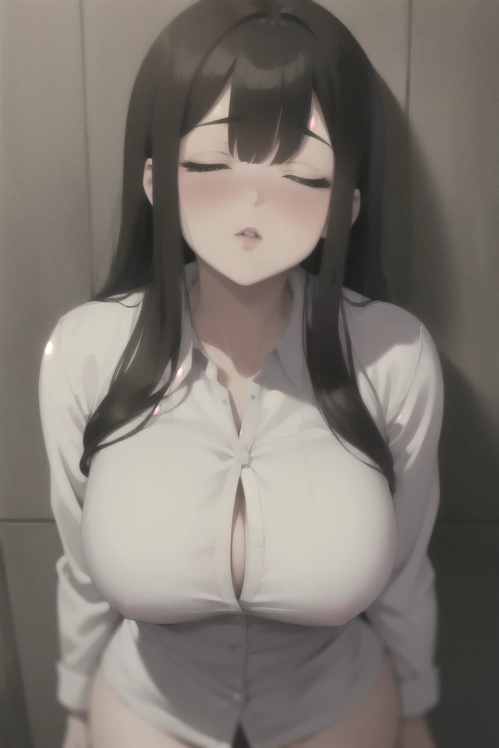 Sexy and cute woman, black brown hair, long hair, straight hair, weak eyes, blushing intensely, flustered, lustful, lips parted, long oversized white shirt, pinned against a wall