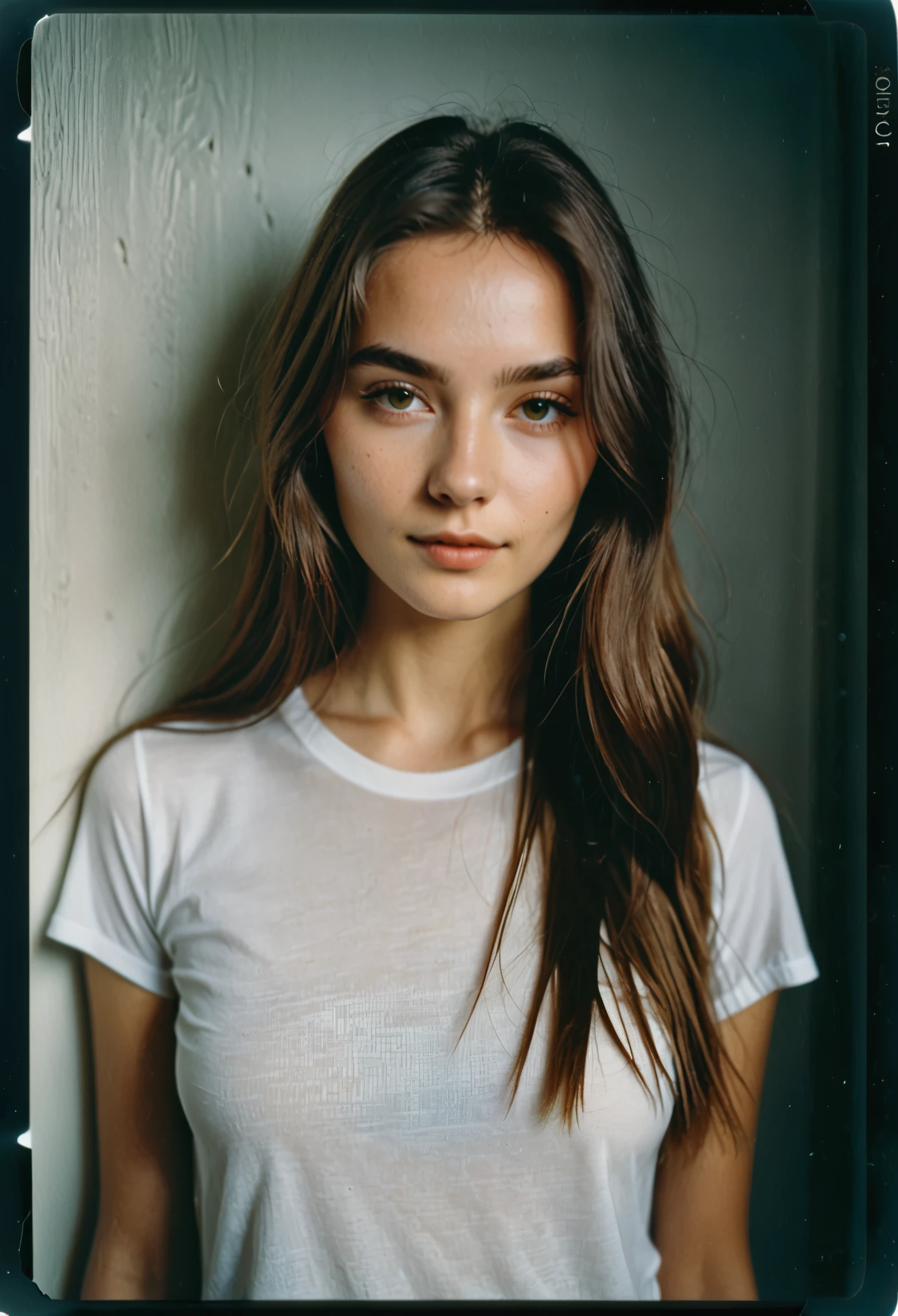 Polaroid Photography, girl named laura, medium body shot of 23 year old ukrainian Woman, fine skin texture, long haire, detailed skin, highres, lighting, wearing tight white t shirt, hyperdetailed, shot on Canon EOS R10, crative shadow play