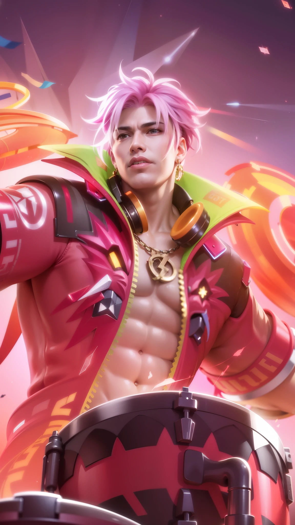 (Intricate Details, Masterpiece, Best Quality, High Resolution, 8k), (1man), (male:1.2), mature, finely detailed eyes and face, toned body, masculine appeal, commanding presence, hot stud, bulging biceps and triceps, well-developed quadriceps and hamstrings, light skin, burgundy straight layered bangs hair, aquamarine eyes,  ornate details,  portrait, solo, half shot, looking down, detailed background, detailed face, (cogpunkai, cogpunk theme:1.1),  tech-mage,   [magic|technology], melding of spellcraft and advanced technology,  intricate [spellcasting clothes|mechanical gear], gear shaped glyphs,  ancient crystals,  [gears|ancient spell],  floating particles,  [innovative|enchanting] aura, high tech vehicle in background,   , finely detailed background, Depth of Field, VFX, young man and handsome, a man with a pink jacket and a drum in hand, pink hair, headphone